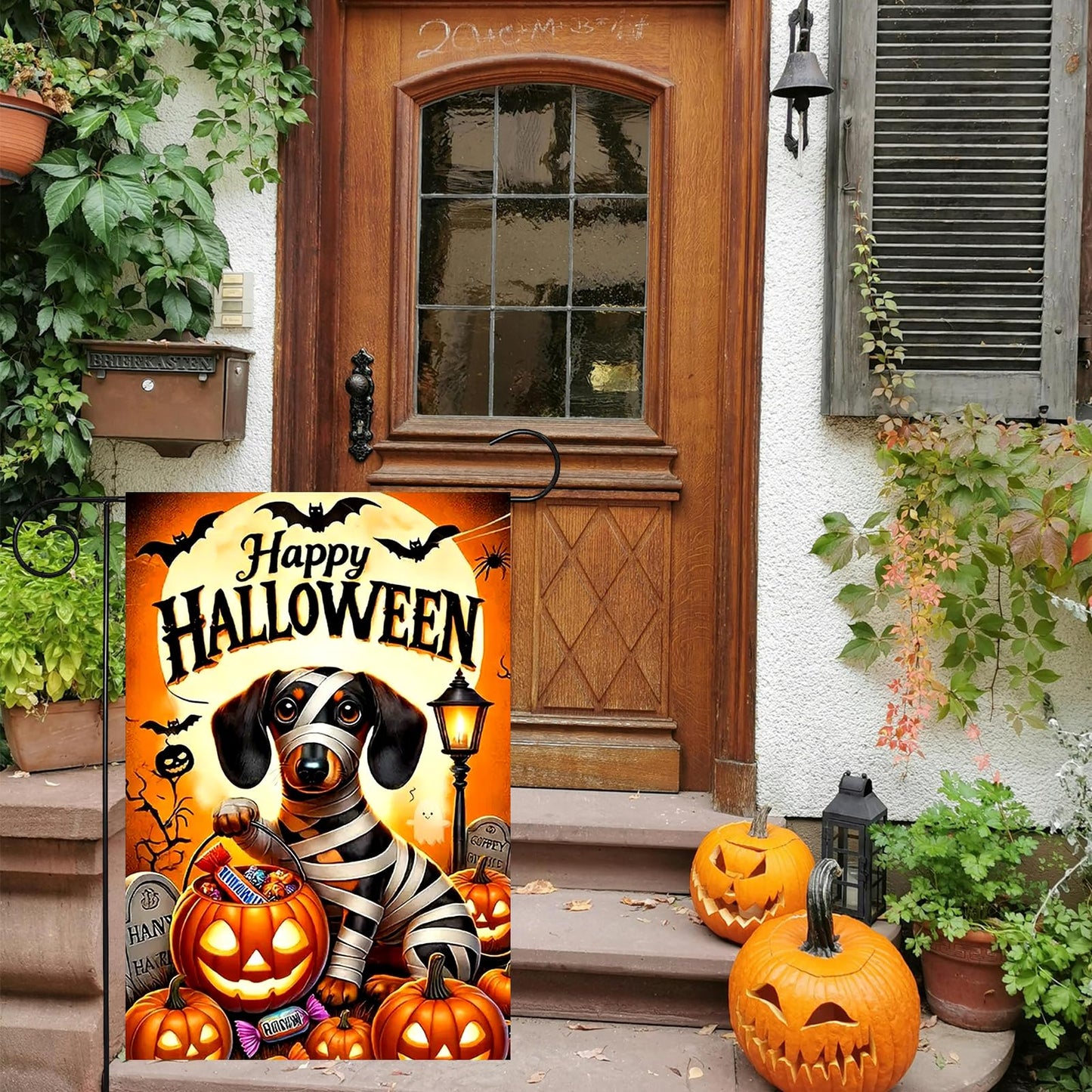 YBHWOGI Halloween Dog Garden Flag 12x18 Inch Double Sided Pumpkin Garden Flag Halloween Decorative Yard Flag for Outside, Patio, Porch and Lawn