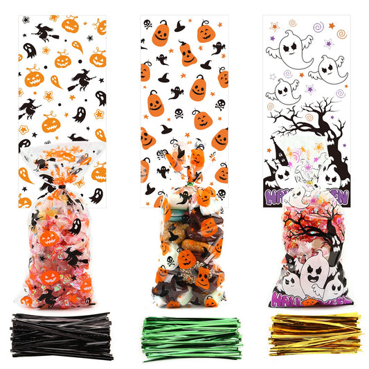 LOMIMOS 150PCS Halloween Cellophane Candy Bags, Clear Plastic Treat bags with 300PCS Twist Ties for Snacks cookies Gift Supplies