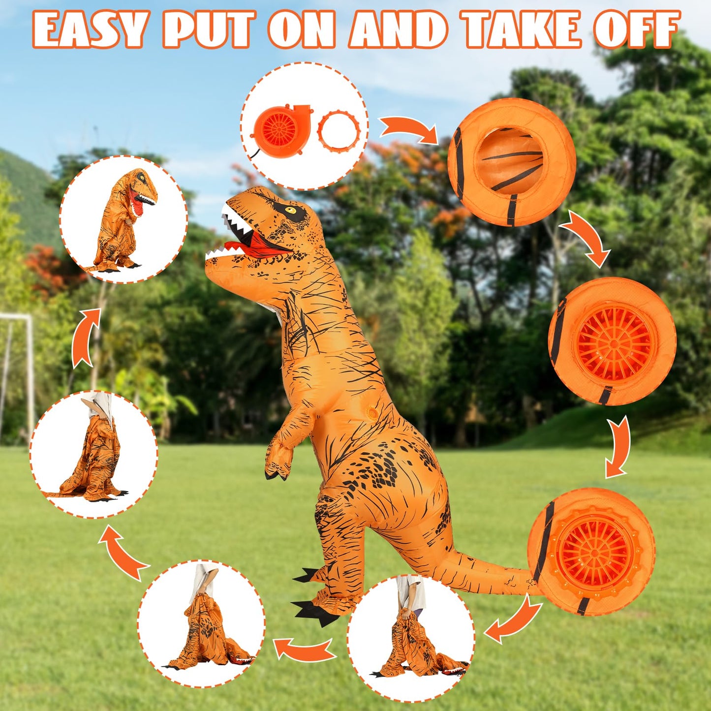 YEAHBEER Inflatable Dinosaur Costume for Kids,T-Rex Dinosaur Costume Kid, Blow up T-Rex Funny Fancy Inflatable Costume for Halloween Dress & Party Cosplay (Brown