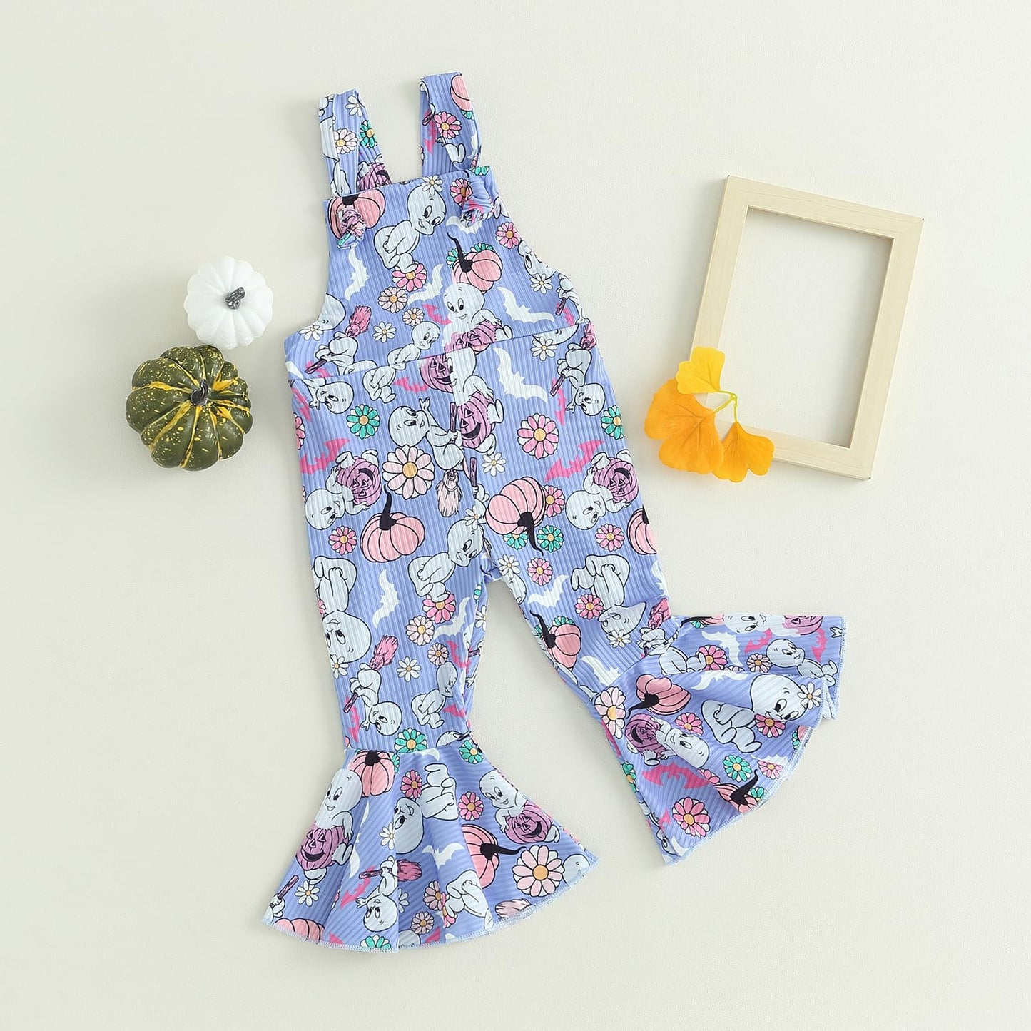 YOKJZJD Toddler Baby Girl Halloween Outfit Pumpkin Ghost Suspender Romper Jumpsuit Overalls Bell Bottom Pants Fall Clothes (Purple, 2-3 Years)