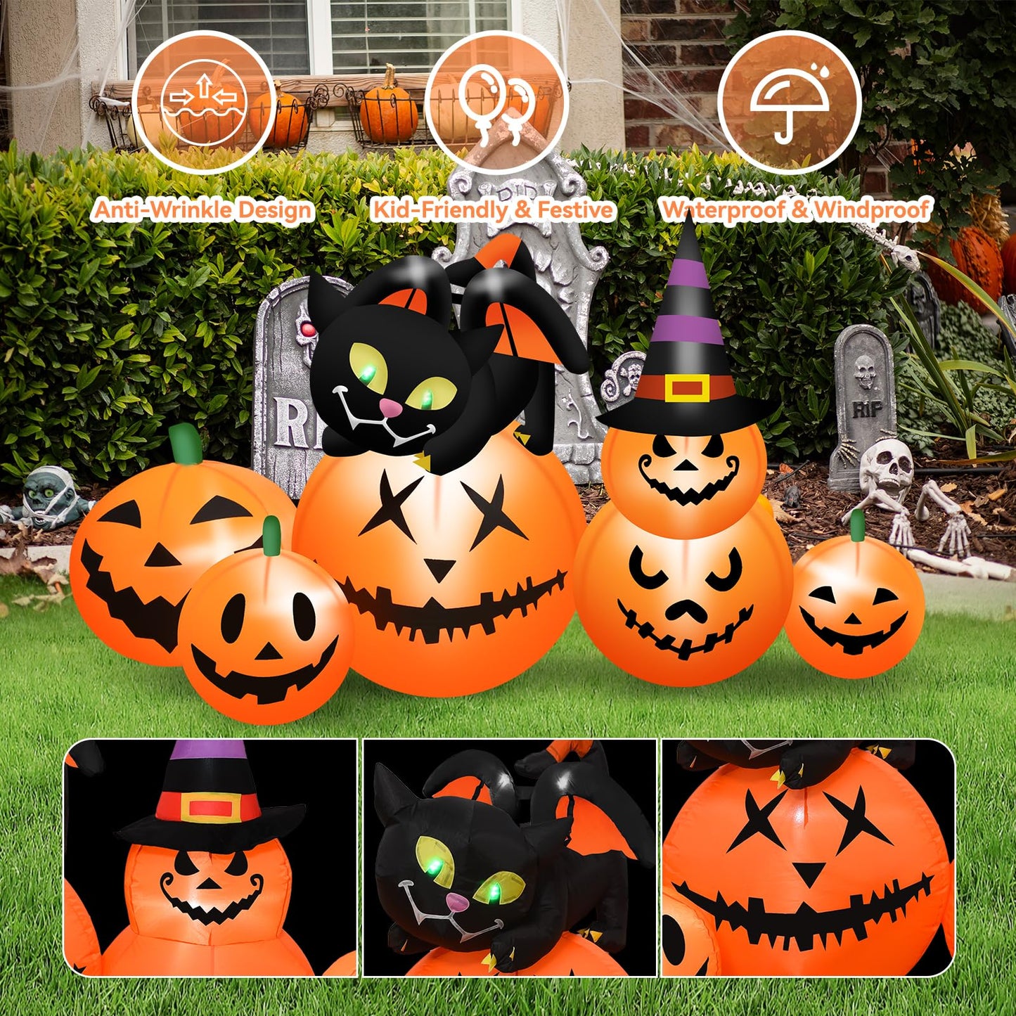 5.8 FT Long Halloween Inflatables Pumpkin Outdoor Decorations Blow Up Inflatables Pumpkin Patch with Black Cat & Witch Hat Build-in LEDs Outdoor Blow Up Yard Decorations for Holiday Party Lawn Garden