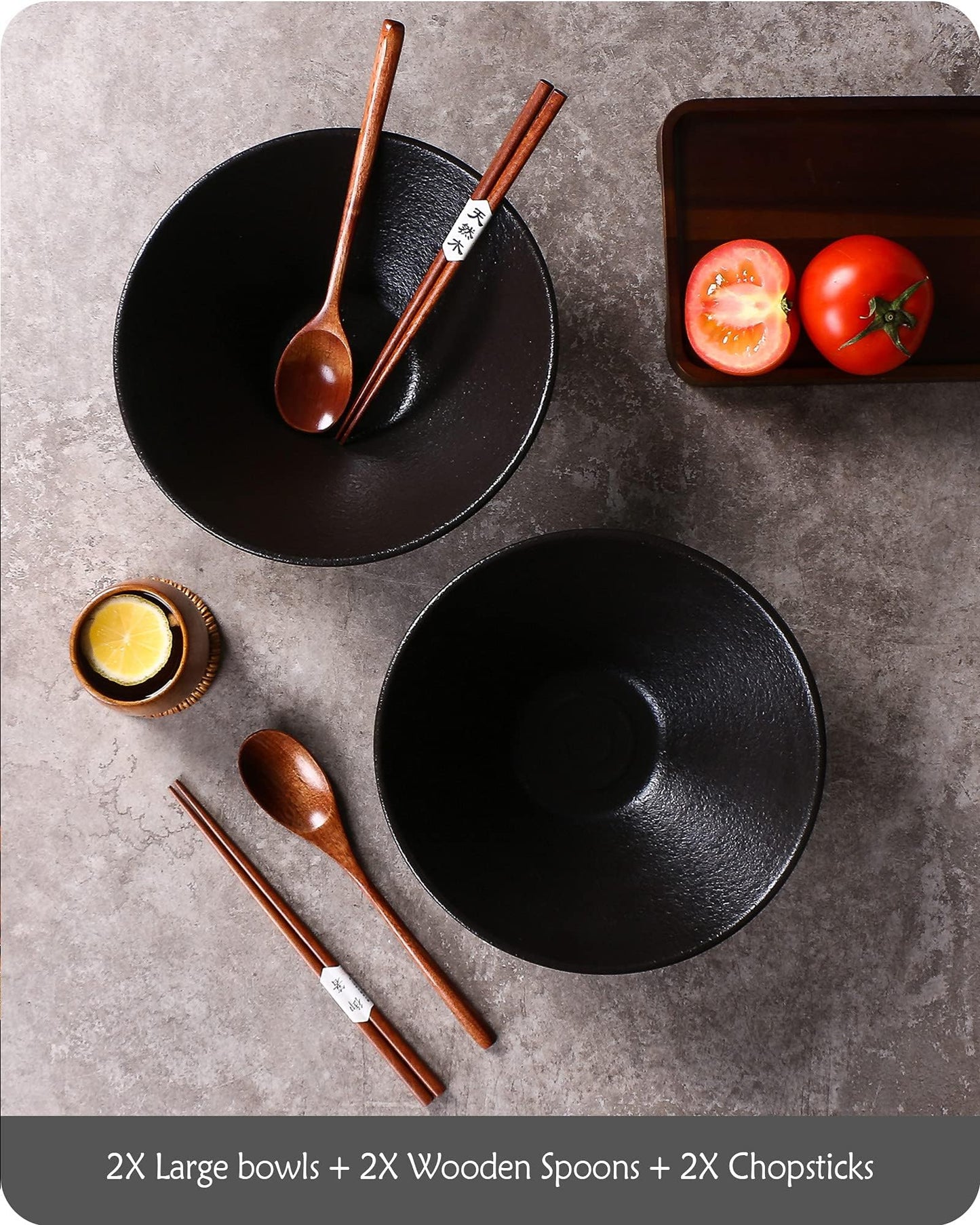 Lareina Ceramic Japanese Ramen Bowls, 2 Sets (6 Piece) 60 Ounce, Large Noodle Soup Bowl with Matching Chopsticks and Spoons for Asian Pho Udon Soba, Matting Black