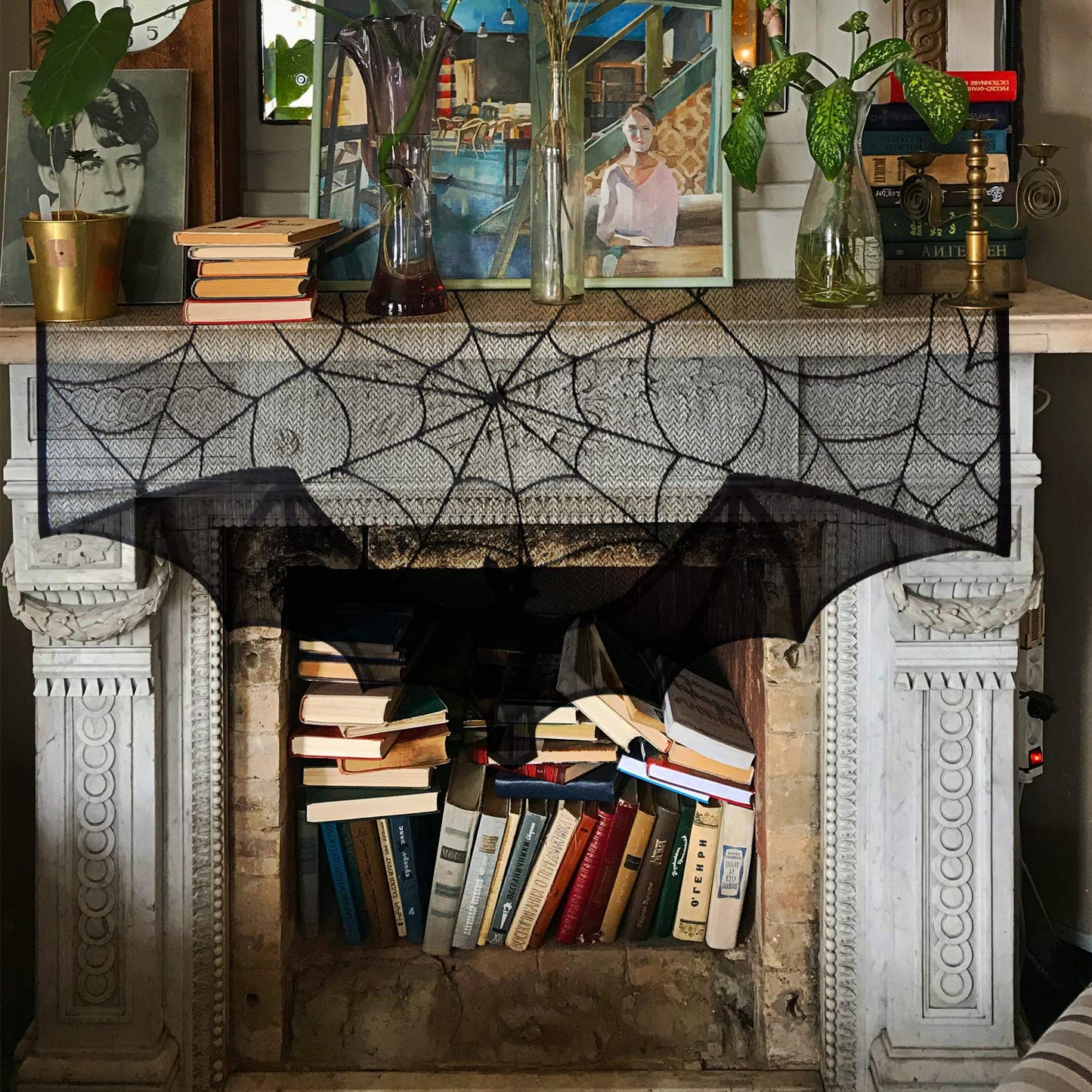 ZeeDix 2 Pcs Halloween Black Lace Bat Window Curtains- Spiderweb Tablecloth Bat Shower Curtain Window Valance Spider Cobweb Fireplace Mantles Scarf for Halloween Party Decor, Party Supplies