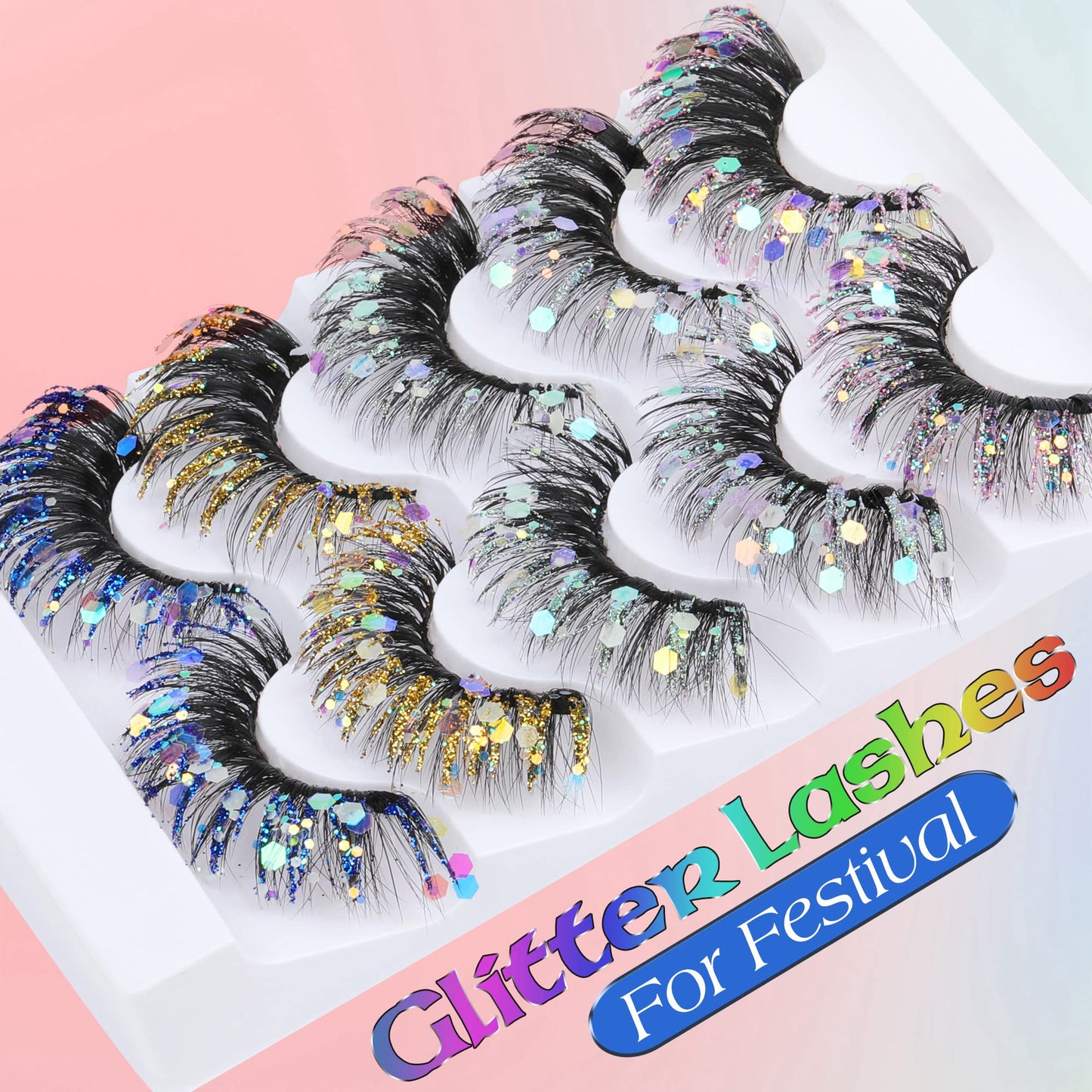 Zegaine Glitter Colored False Eyelashes Wispy 5 Pairs Dramatic Cat Eye Festival Lashes Pack 5 Styles