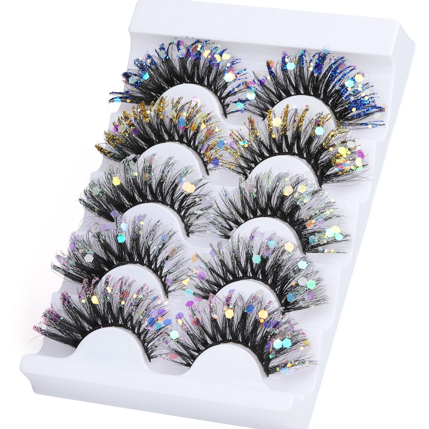 Zegaine Glitter Colored False Eyelashes Wispy 5 Pairs Dramatic Cat Eye Festival Lashes Pack 5 Styles