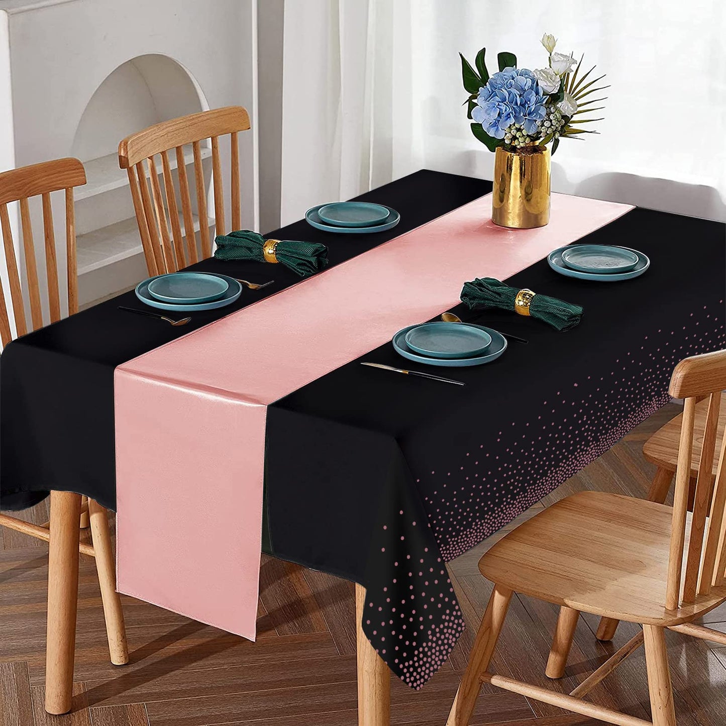 24Pack Disposable Plastic Tablecloth and Satin Table Runner Black and Rose Gold Dot Tablecloth Rose Gold Satin Table Runner for Wedding Birthday Baby Shower Anniversary Christmas New Year Party Supply