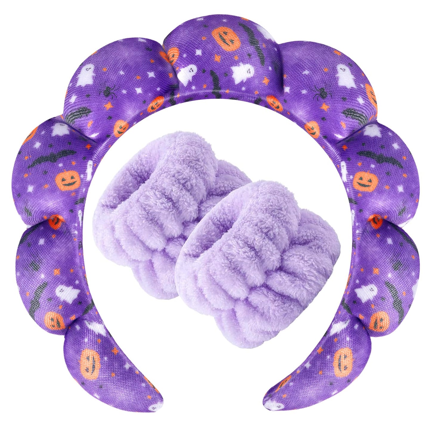 Zkptops Spa Headband for Washing Face Wristband Set Sponge Makeup Skincare Velvet Fabric Bubble Get Ready Hairband Puffy Headwear Non Slip Thick Thin Hair Accessory Gift for Women Girls(Halloween)