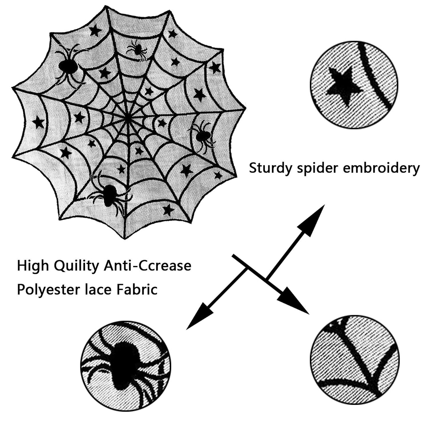 ZeeDix 39 Pcs Halloween Decorations Kit Black Lace Spiderweb Round Tablecloth Table Runner, Giant Spider Cobweb Fireplace Scarf with 36PCS Scary 3D Bats Wall Stickers for Halloween Party Decor