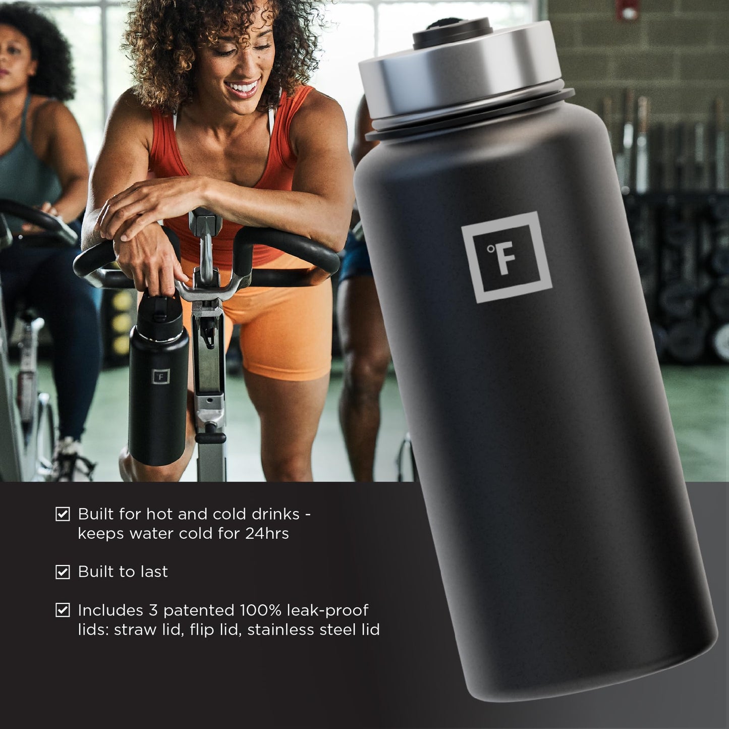 IRON °FLASK Camping & Hiking Hydration Flask with 3 Lids - Stainless Steel, Double Walled & Vacuum Insulated Water Bottle - Leak Proof & BPA Free (Midnight Black, Straw - 32 oz)