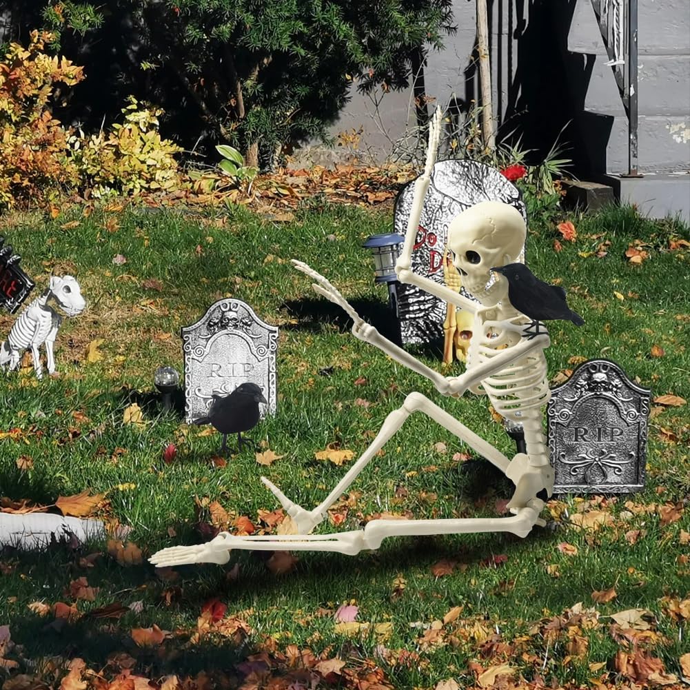 3FT Skeleton Halloween Decorations, Full Body Posable Halloween Skeleton with Movable Joints, 36" Plastic Skeleton with 1PCS Black Crow for Indoor Outdoor Haunted House Prop Decor