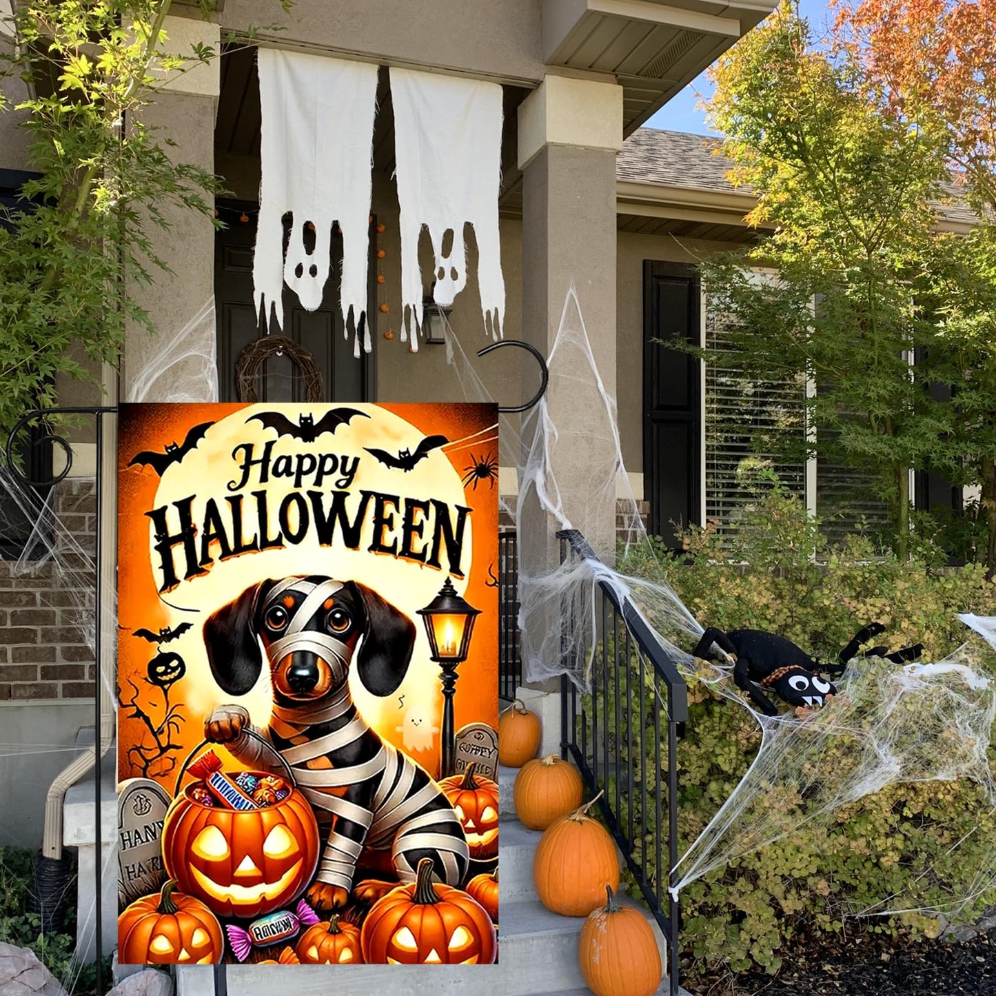 YBHWOGI Halloween Dog Garden Flag 12x18 Inch Double Sided Pumpkin Garden Flag Halloween Decorative Yard Flag for Outside, Patio, Porch and Lawn