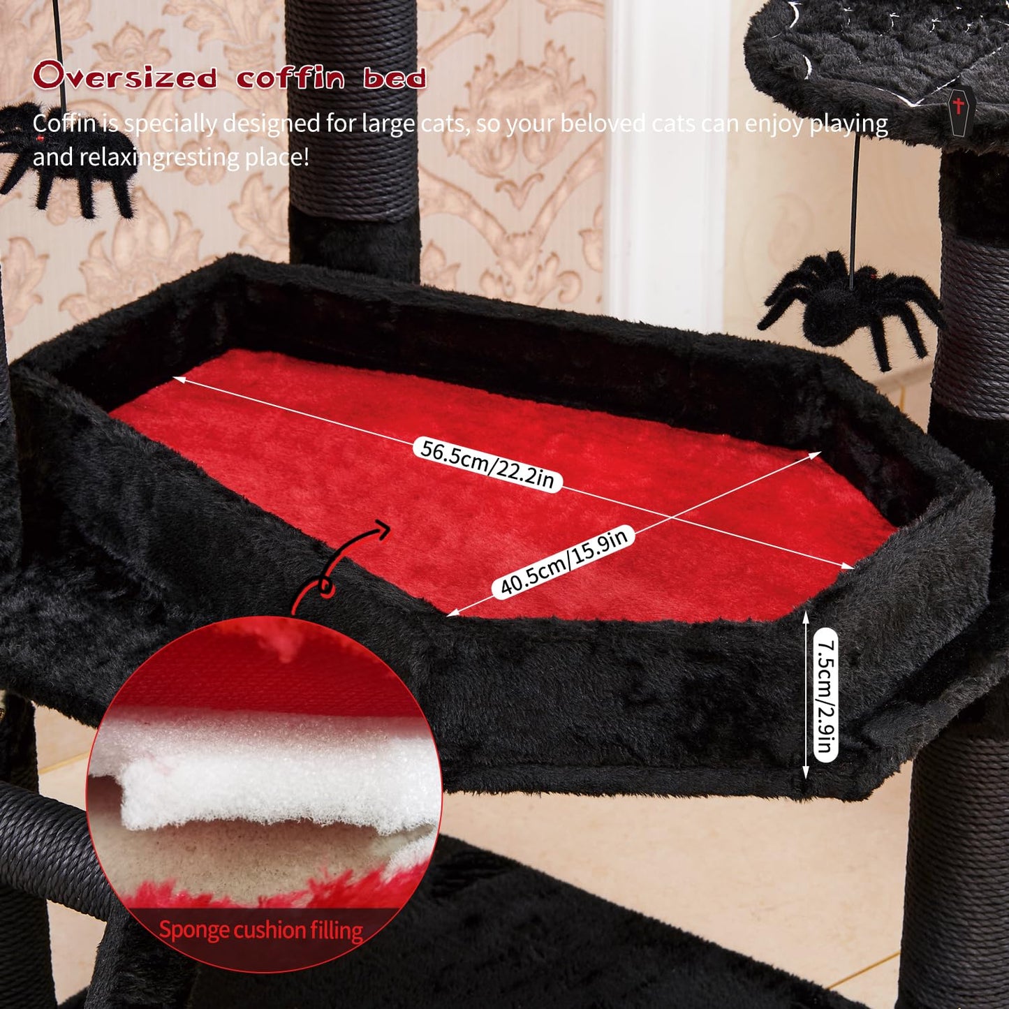 YARUOMY Gothic Cat Tree with Coffin Bed,55" Cat Tower with Spacious Cat Condo,Scratching Posts,Spider Hanging Ball,Multi-Level Cat Activities Furniture for Large Cats, Black Halloween