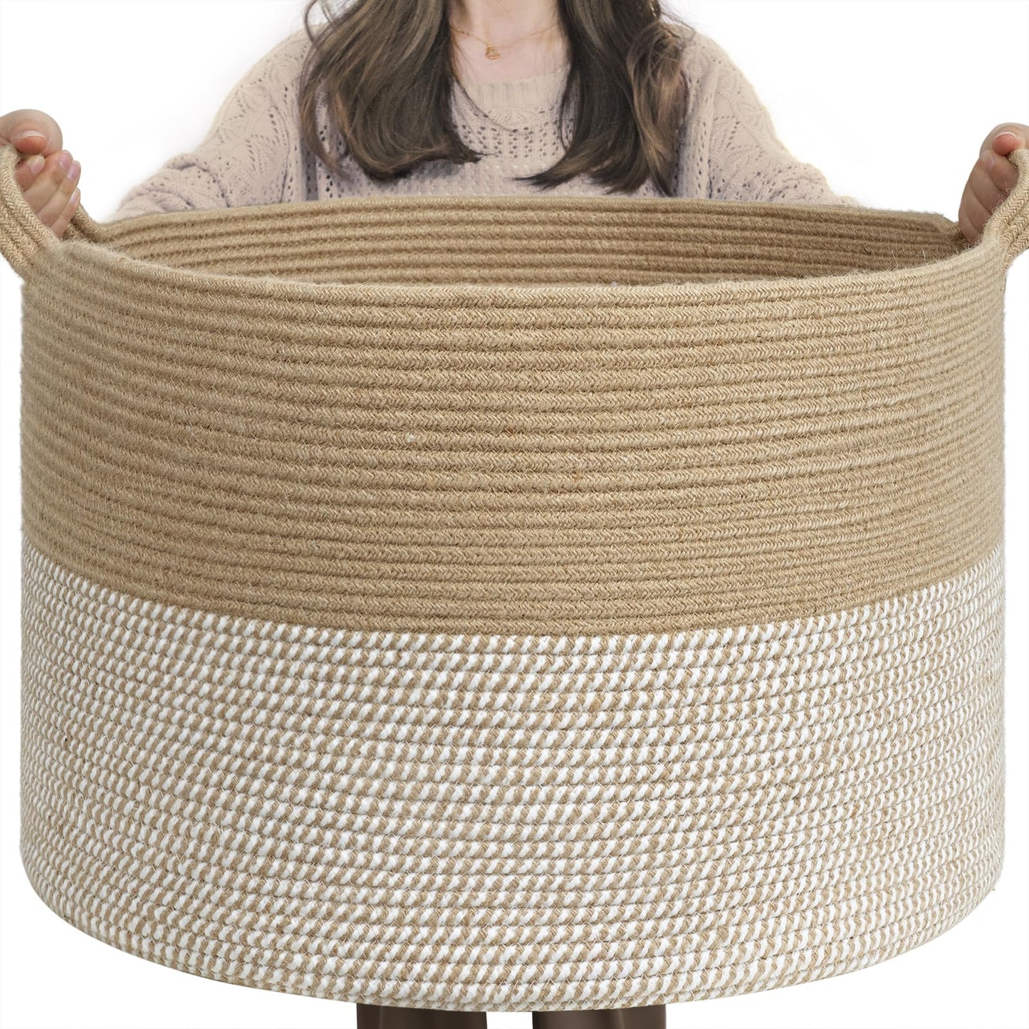 INDRESSME Extra Large Woven Baskets for Storage, 21.7'' x 13.8'' Wicker Basket with Handle for Blankets, Big Laundry Baskets for Clothes, Pillows, Towel, Shoe Basket for Entryway, 90L White Jute