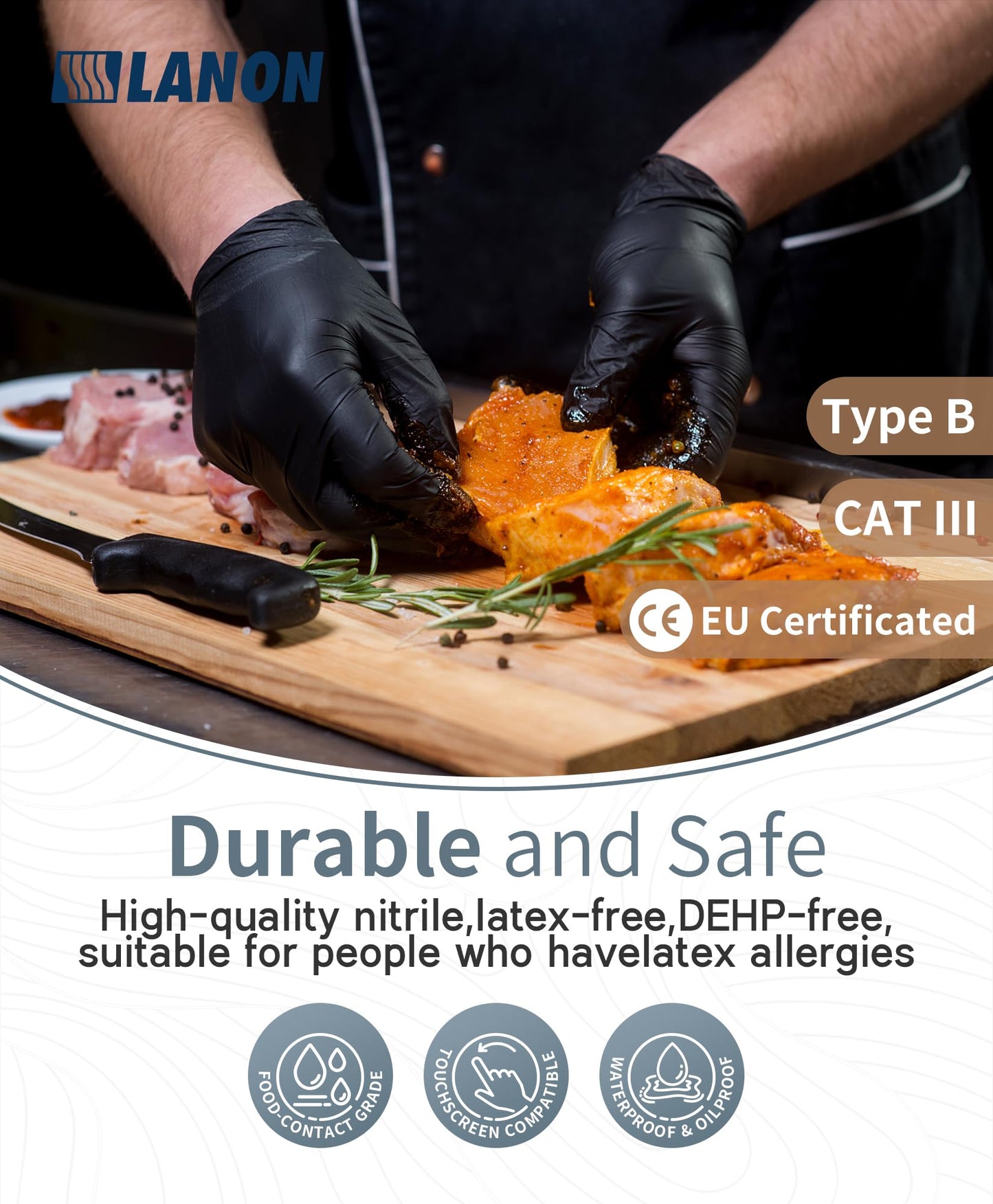 LANON Food Safe Disposable Nitrile Gloves, Latex-Free, Powder-Free, Silicone-Free, Textured Fingertips, Cooking, Black,Medium