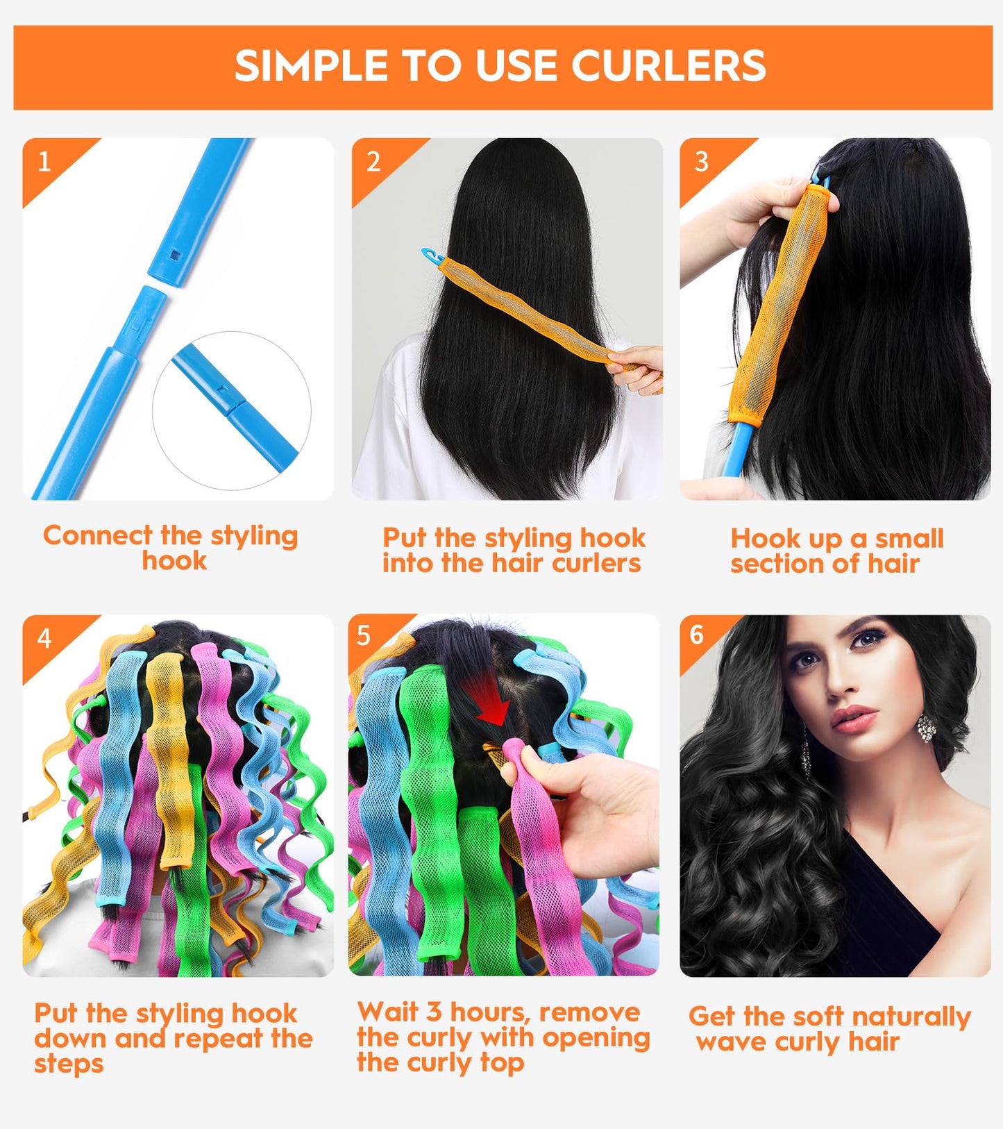 YEVYO 30 Pcs Heatless Hair Curlers Wave Curls Styling Kit with 2 Pcs Styling Hooks, No Heat Hair Curlers Heatless Wave Curlers for Women Girls Long Medium Short Hair (6 Colors, 30 cm/11.81 inch)