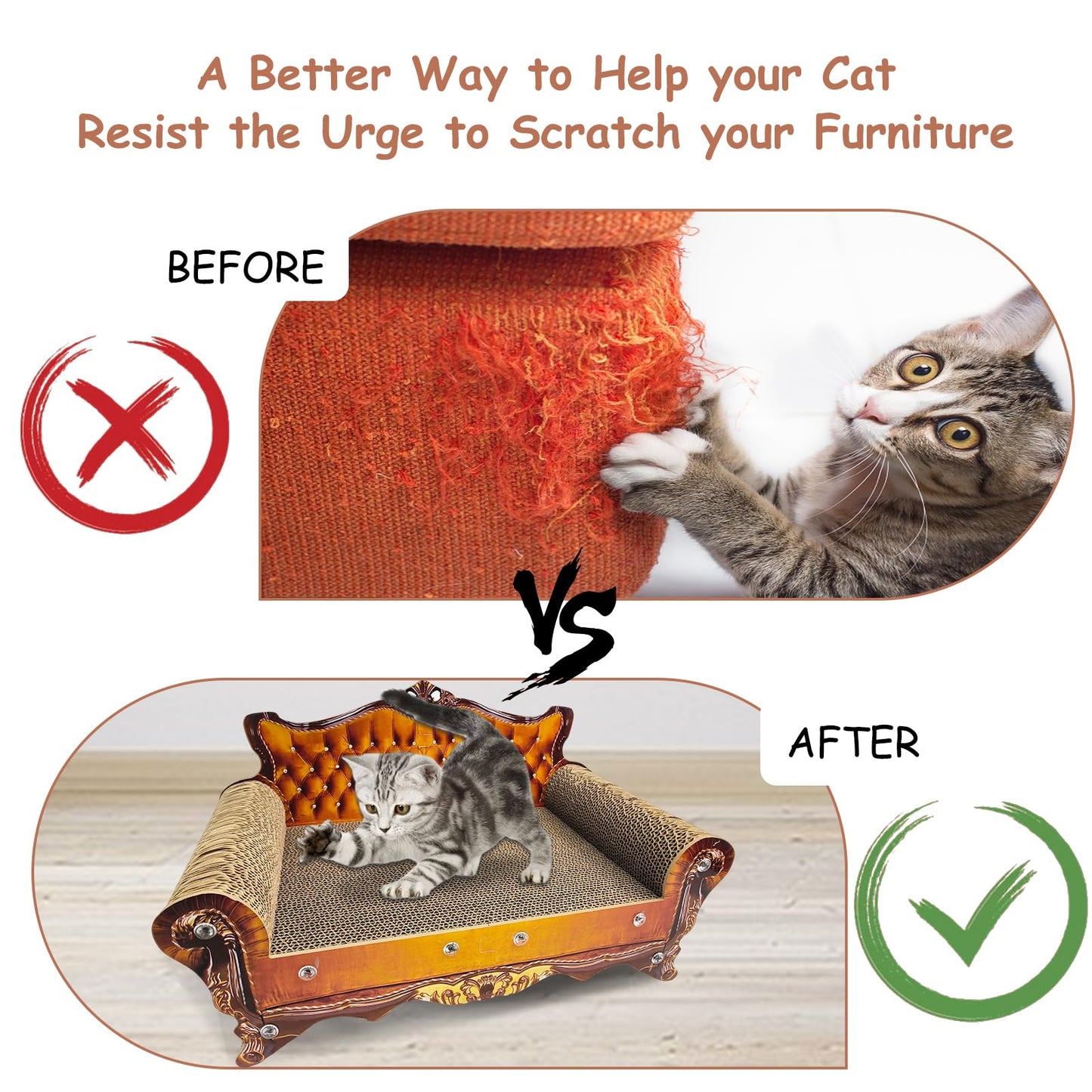 INRLKIT Luxury Cardboard Cat Scratcher Sofa Bed, Couch Shaped Cat Scratching Board, Scratch Lounge with Catnip, Scratcher for Indoor Cats(Brown)