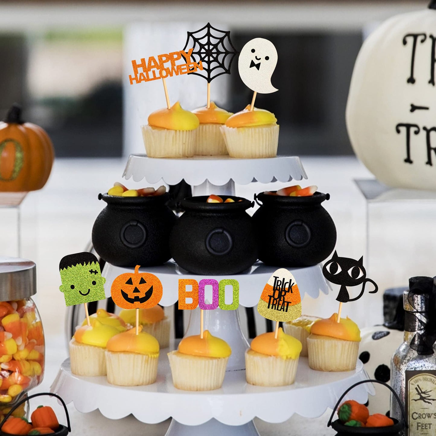 32 pcs Halloween Ghost Boo Glitter Cupcake Toppers Ghost Boo 32 Pack Cupcake Topper muffin for Halloween, Birthday Decoration Party Supply(Frankenstein)