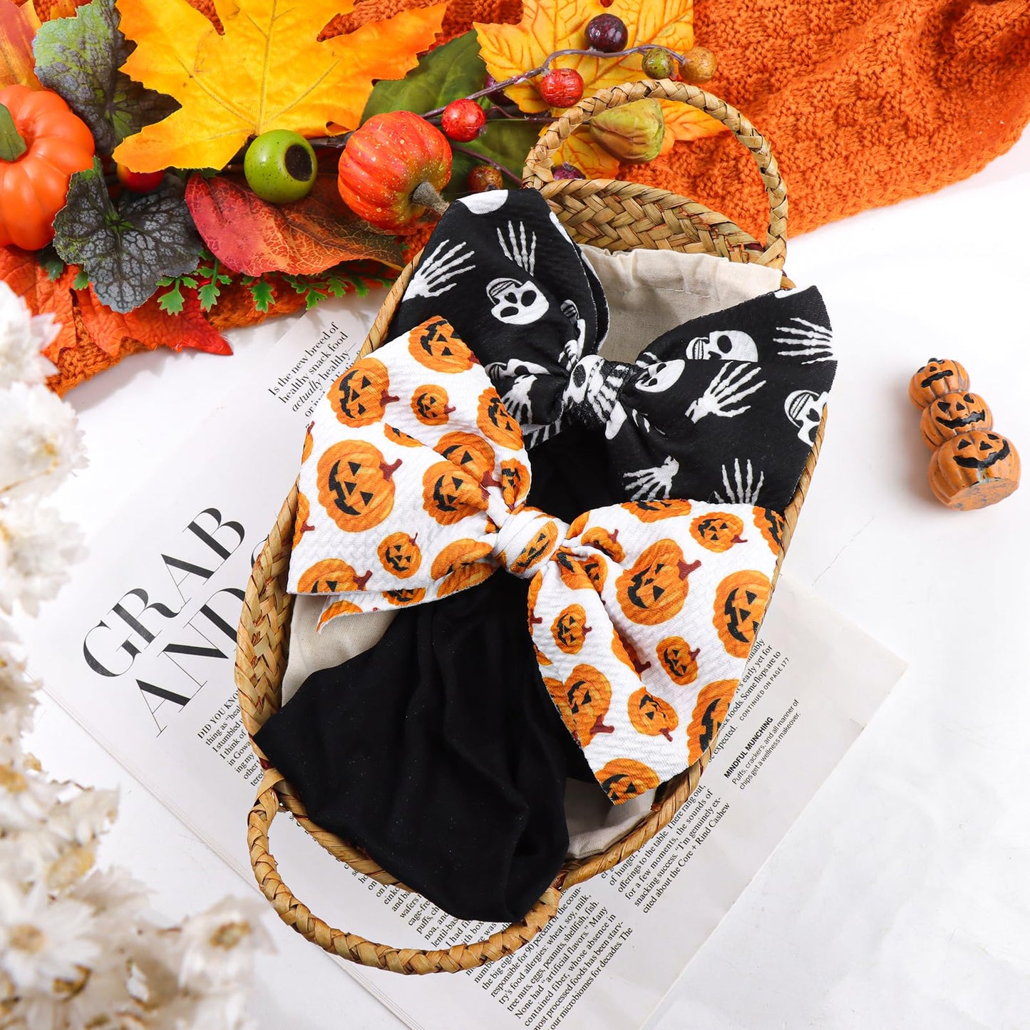 YanJie 6'' 2PCS Halloween Hair Bows Baby Girls Headbands Pumpkin Accessories Black Ghost Baby Bows Newborn Bows Nylon Hair Bows Toddler Headband