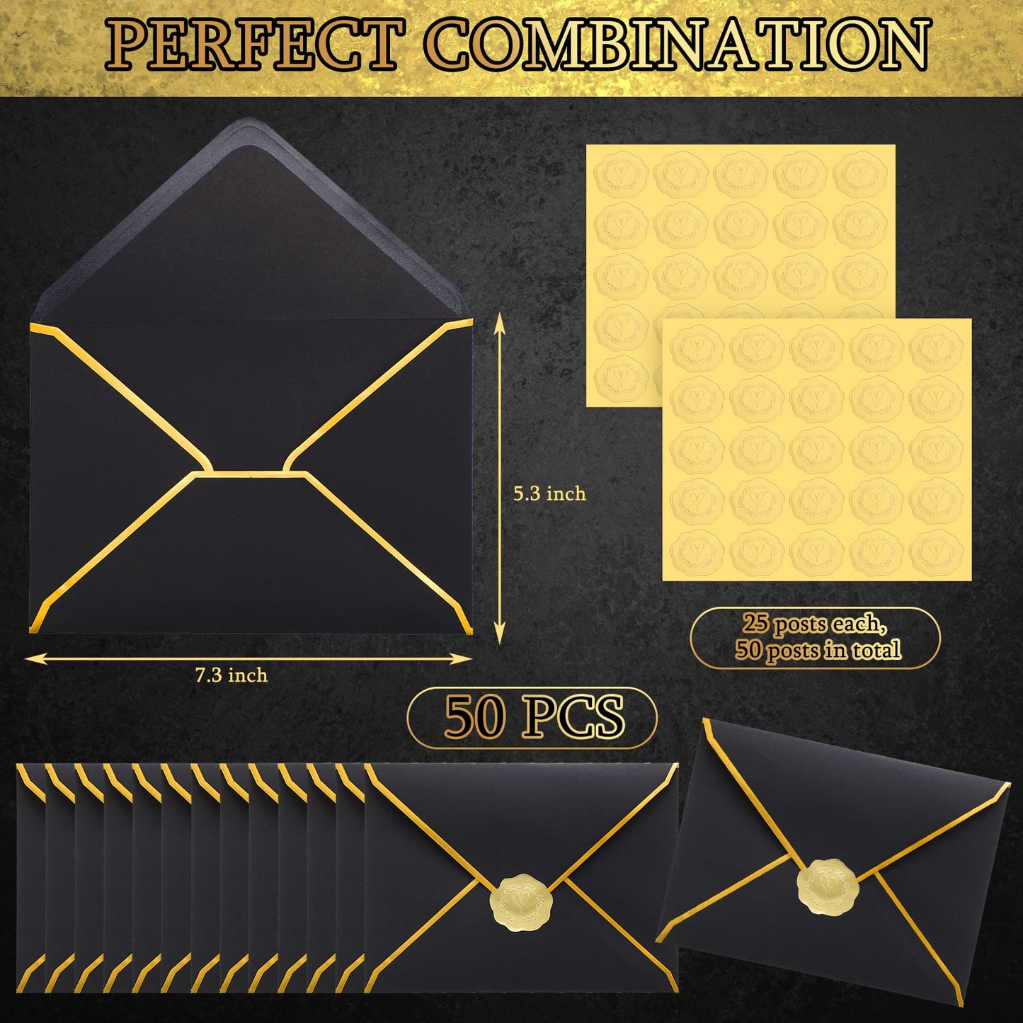 50 Pcs A7 Envelopes 5 x 7 Card Envelopes V Flap Mailer with Gold Border for Office Wedding Invitation Cards Graduation Baby Shower Greeting Cards(Black)