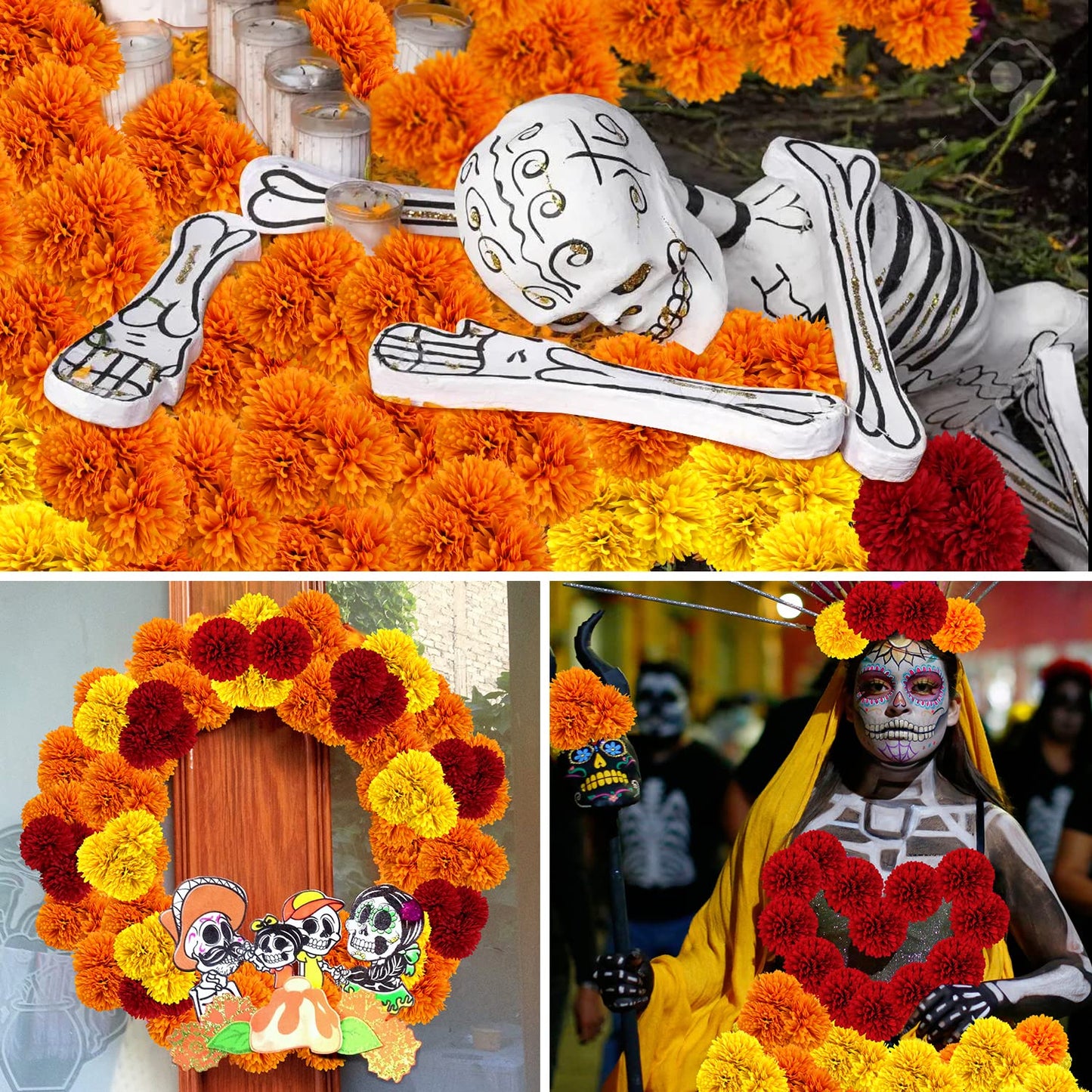 40Pcs 2.75'' Marigold Flowers Heads Bulk, Silk Marigold Artificial Flowers for Diwali Home Decor DIY Wreath Garland Craft Baby Shower Wedding Mexican Party Decoration Halloween New Year Decor(Mix-1)