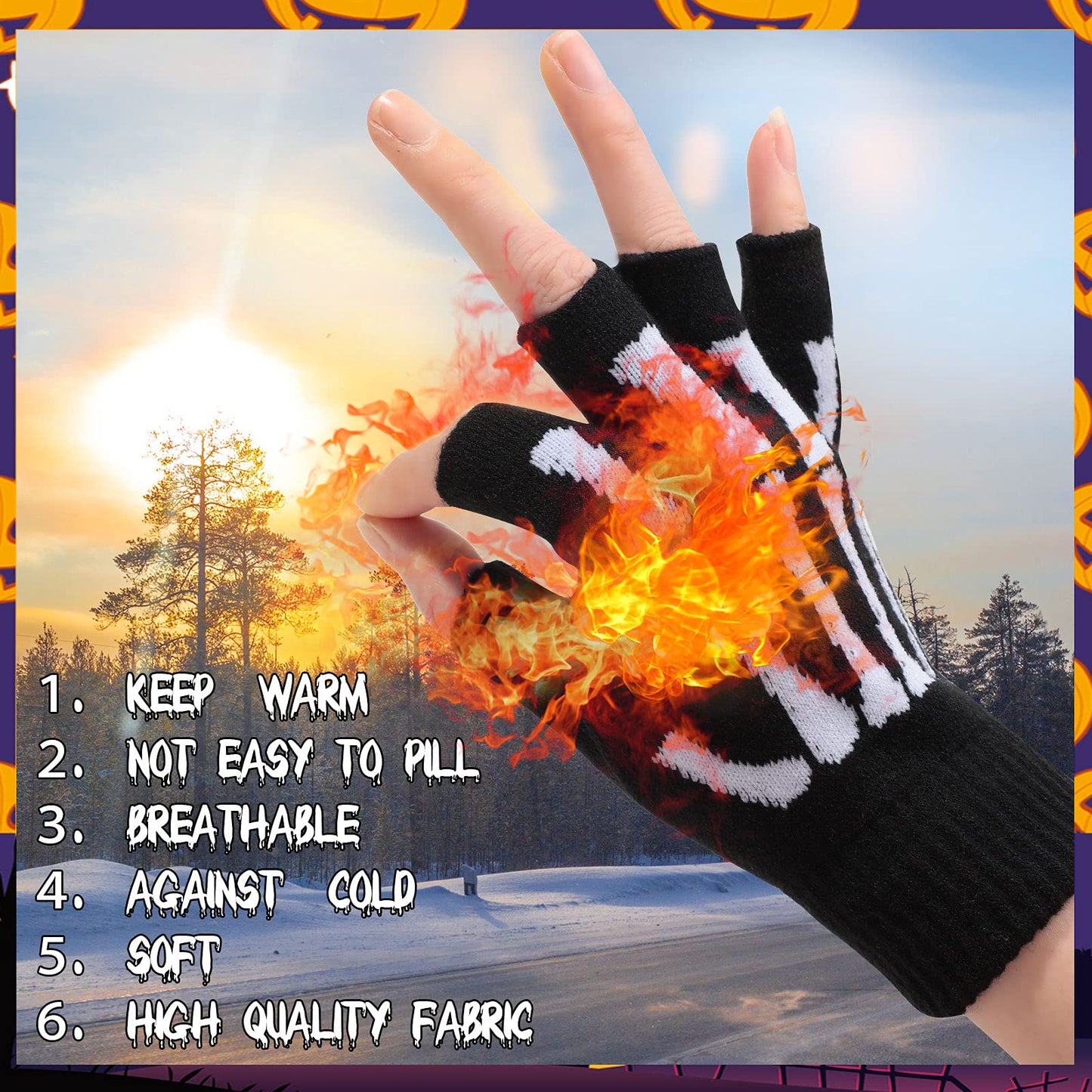 Zhanmai 2 Pairs Halloween Skeleton Gloves Elastic Knitted Fingerless Hand Warmer Unisex Warm Half Finger Gloves for Men and Women