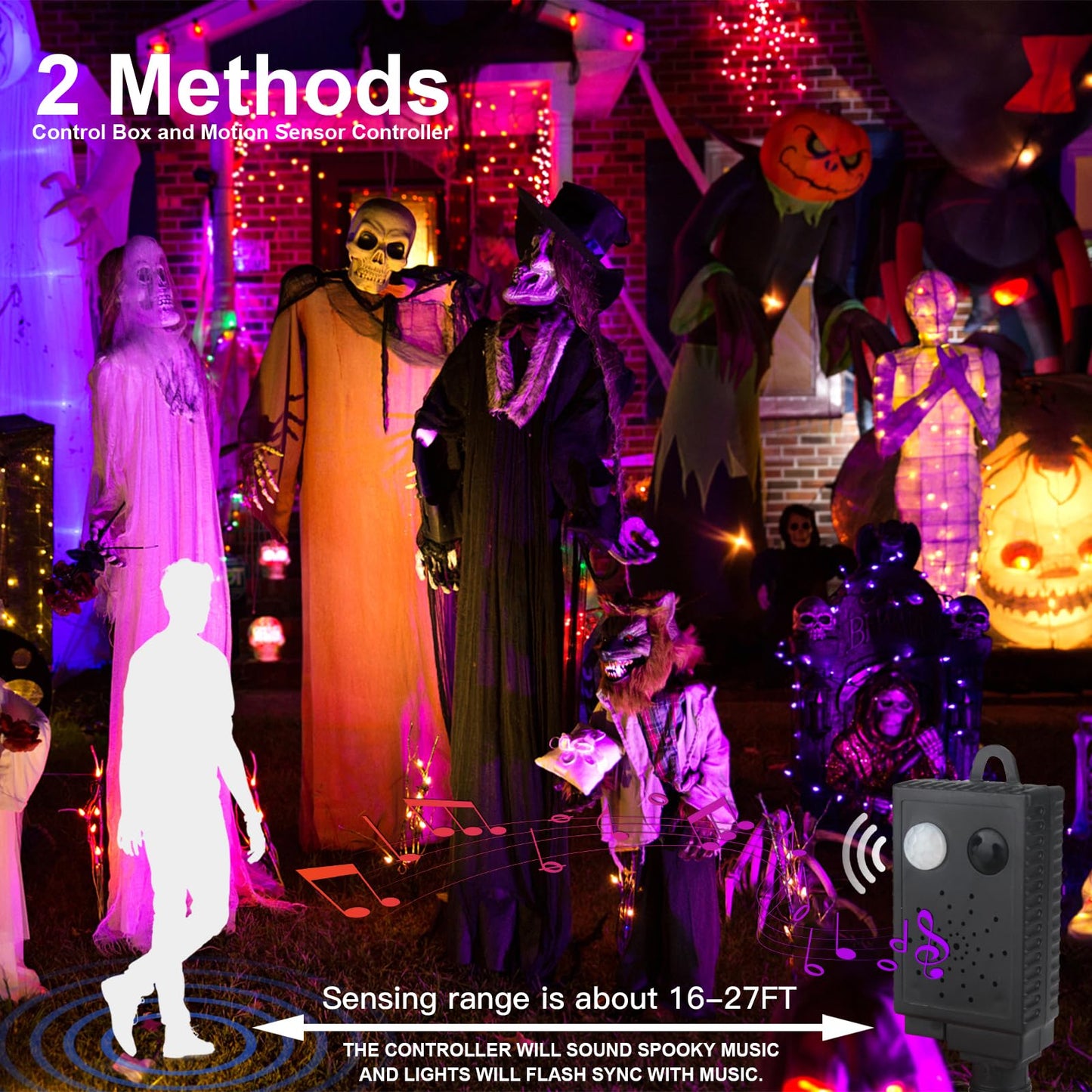XTF2015 Halloween Lights, 105FT 300 LED Halloween String Lights with Spooky Music Motion Sensor Controller Twinkle Waterproof Purple Orange Light Plug in for Indoor Outdoor Tree Party Yard Room Decor