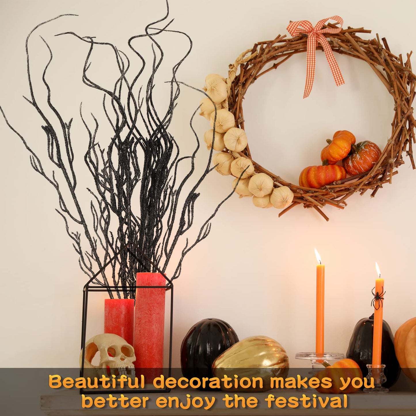 Yunsailing 16 Pcs Halloween Branches Decor for Tree 18 Inch Artificial Curly Willow Branch Lifelike Twigs and Faux Branches for Vases Fake Tree Stem for Home Party Decoration (Black)
