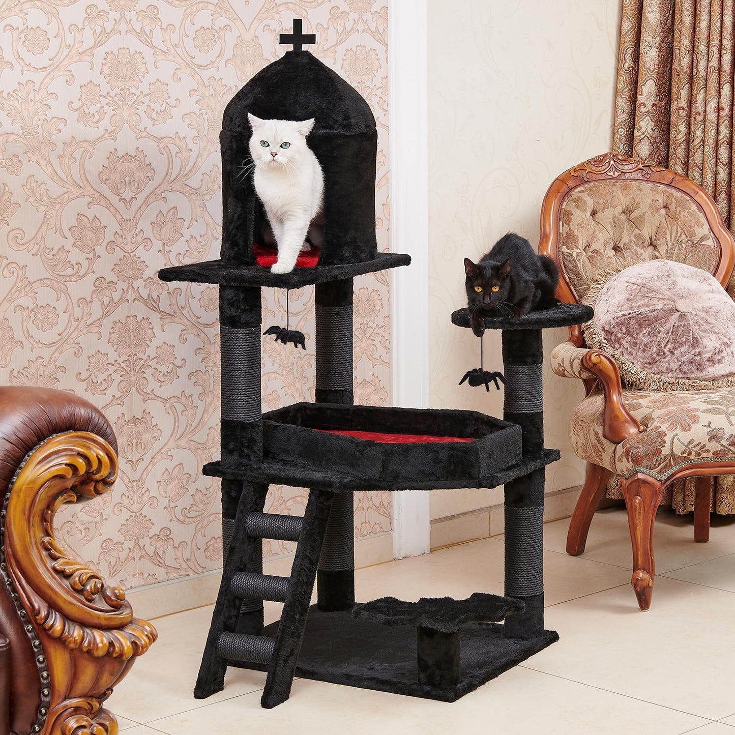YARUOMY Gothic Cat Tree with Coffin Bed,55" Cat Tower with Spacious Cat Condo,Scratching Posts,Spider Hanging Ball,Multi-Level Cat Activities Furniture for Large Cats, Black Halloween