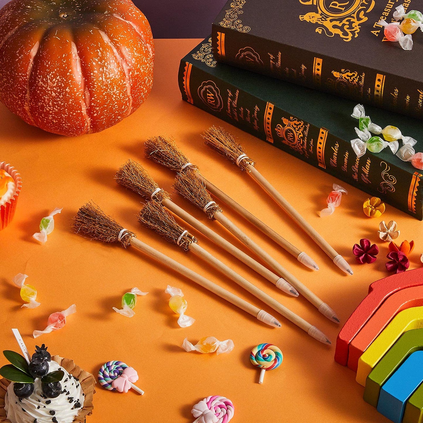 Zonon 12 Pcs Witch Broom Pencils Halloween Witch Party Favors Party Supplies for Kids Teens Adults Classroom Supplies