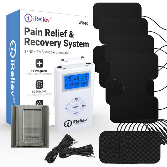 iReliev TENS + EMS Combination Unit Muscle Stimulator for Pain Relief, Arthritis, Muscle Strength - Treats Tired, Sore Muscles in Your Shoulders, Back, Ab's, Legs, Knee's, More