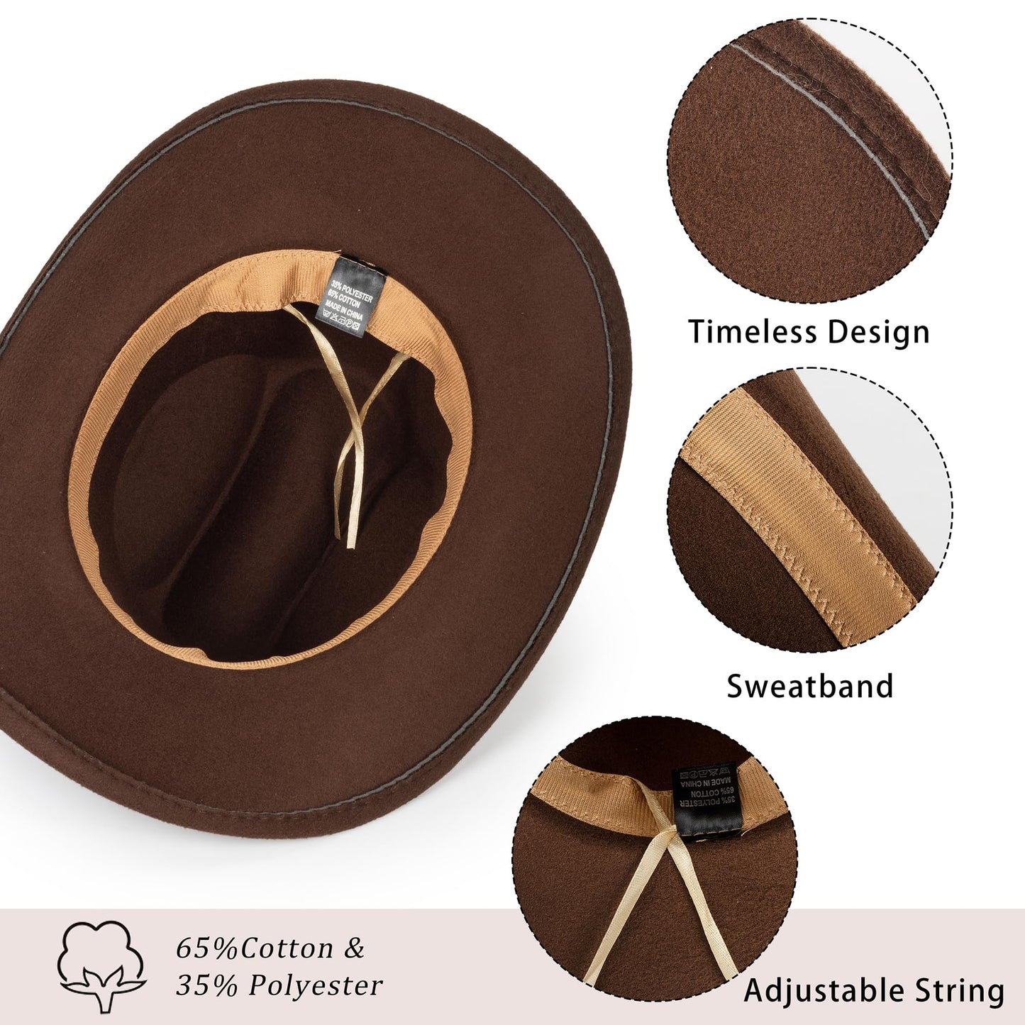 Womens Western-Cowboy-Hats Classic Felt-Hats - Rodeo Wide-Brim-Cowgirl Jazz-Hat with Buckle Belt(Lagre)