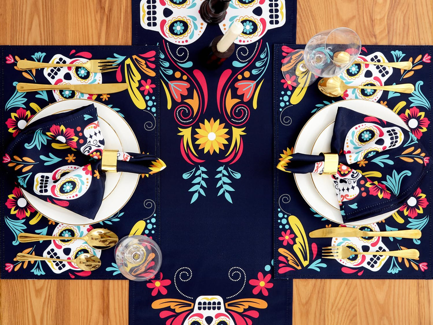 YiHomer Day of The Dead Halloween Tabletop - Dia De Los Muertos Floral Skeleton Mask, Cinco De Mayo Mexican Fiesta Party Home Kitchen Dining Room Decor, Sugar Skull, Napkin Set, 20 x 20