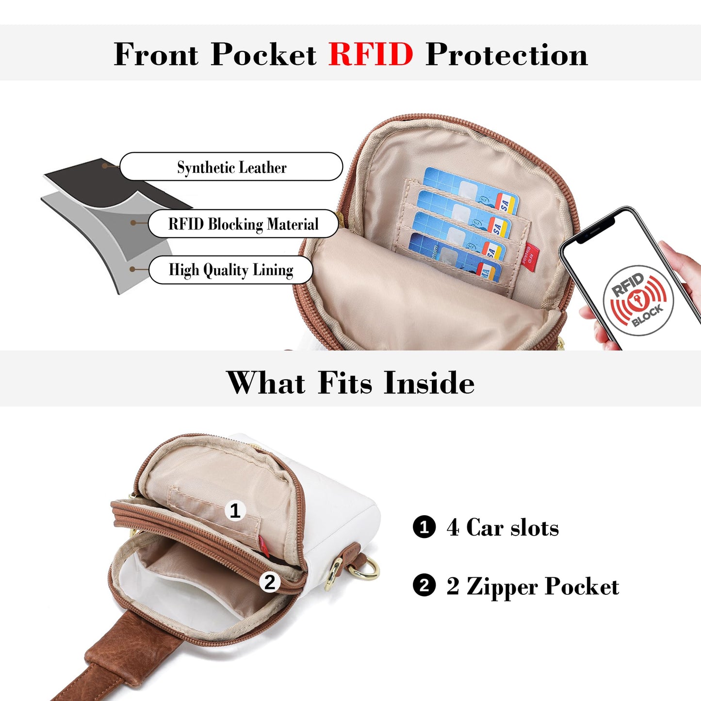 INICAT Sling Bag for Women Touchscreen Small Crossbody Cell Phone Purse Fanny Pack(White Brown Anti Theft Small)