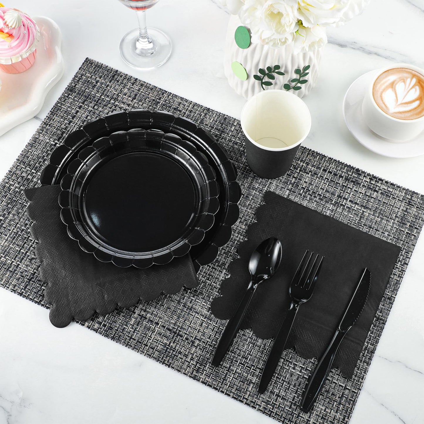 Xiangqu 175 Pcs Black Plates and Napkins 25 Guest Halloween Plates Set Black Party Supplies Includes Scalloped Party Plate Napkins Cups Plastic Cutlery for Birthday, Halloween, New Year