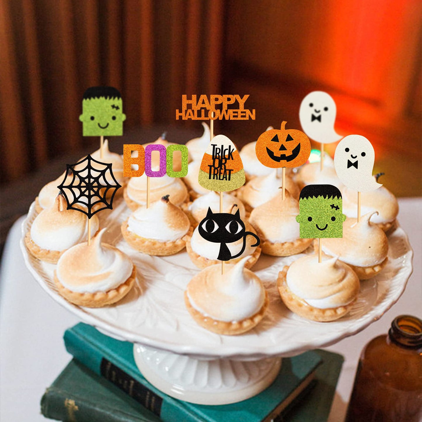 32 pcs Halloween Ghost Boo Glitter Cupcake Toppers Ghost Boo 32 Pack Cupcake Topper muffin for Halloween, Birthday Decoration Party Supply(Frankenstein)