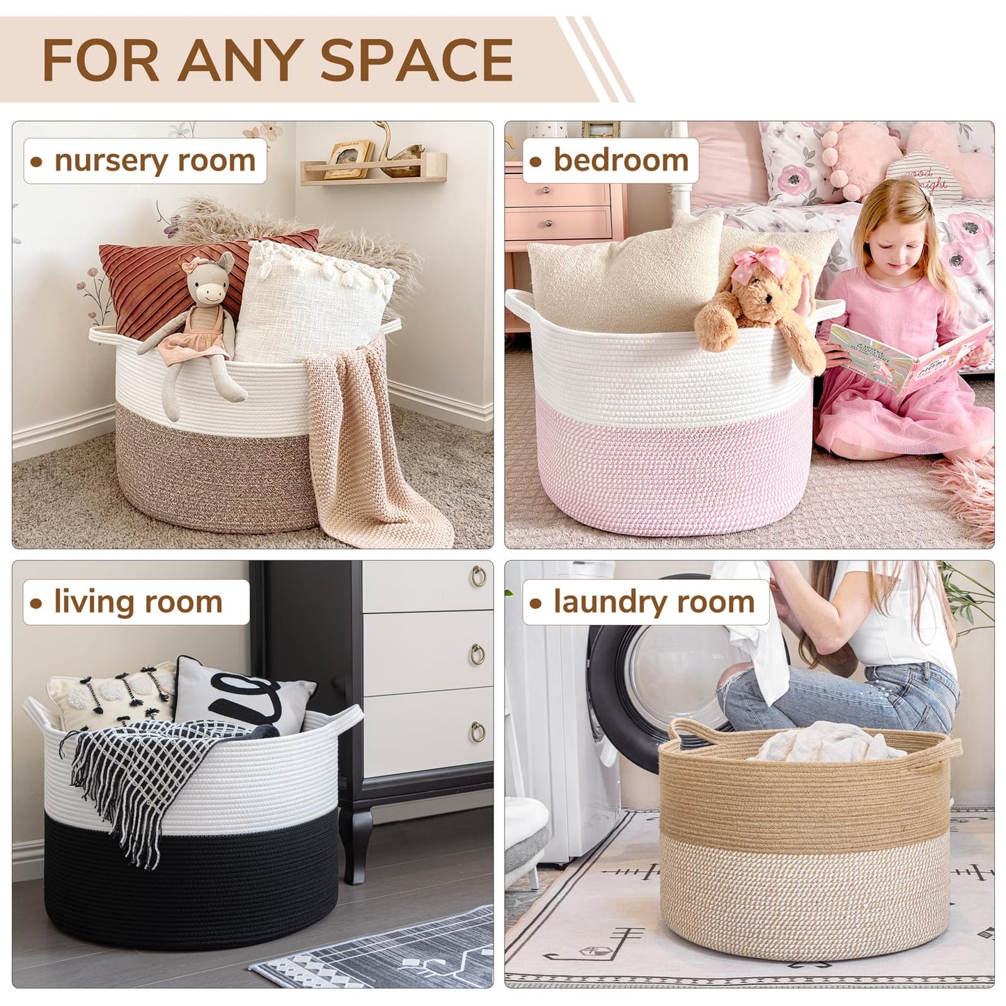 INDRESSME Extra Large Woven Baskets for Storage, 21.7'' x 13.8'' Wicker Basket with Handle for Blankets, Big Laundry Baskets for Clothes, Pillows, Towel, Shoe Basket for Entryway, 90L White Jute