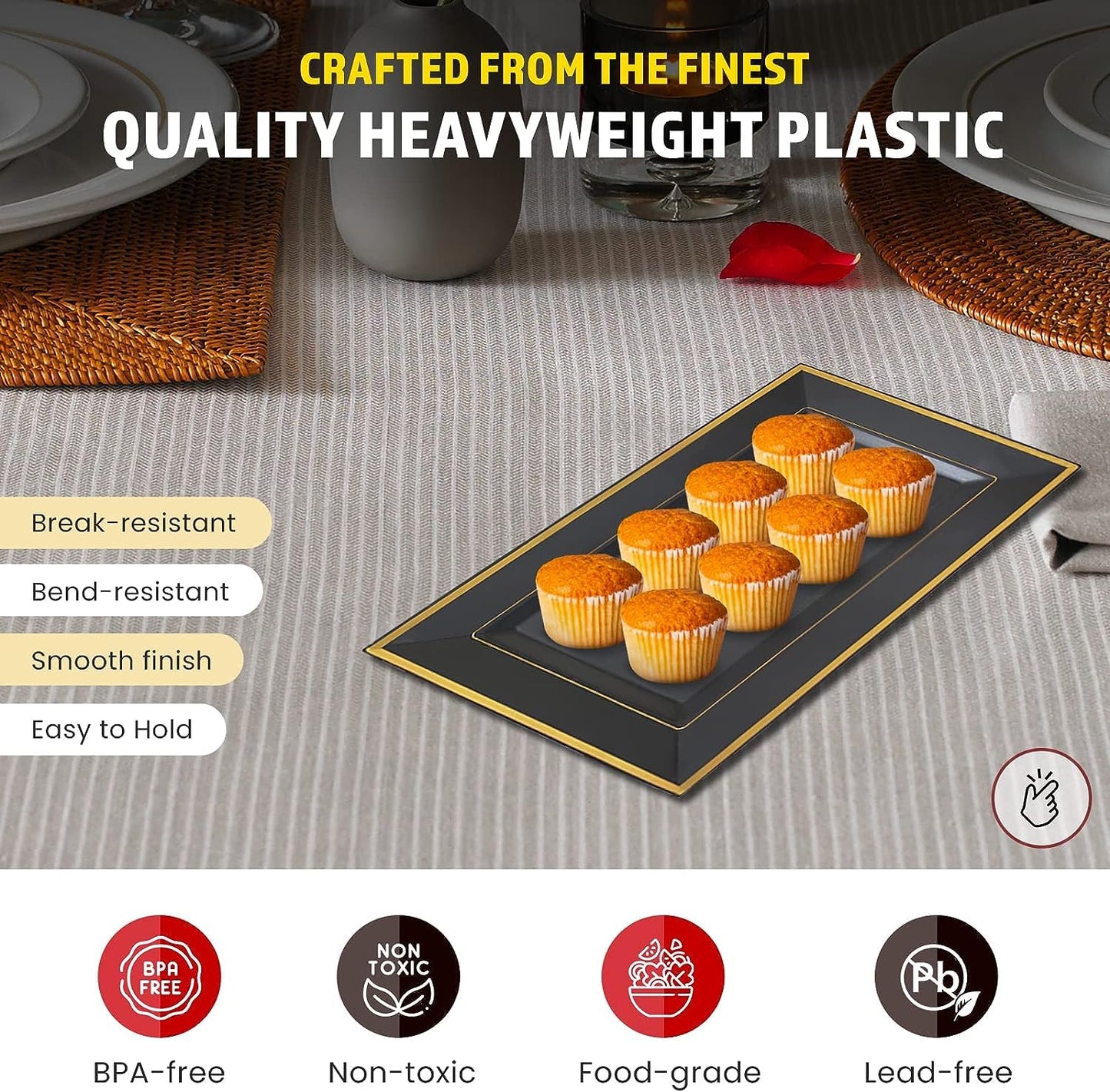 Yumchikel Black & Gold Rim Rectangular Plastic Serving Trays, 13 x 8 Inches, 6 Pack, Durable Disposable, Ideal for Food, Dessert, Cake, Drinks