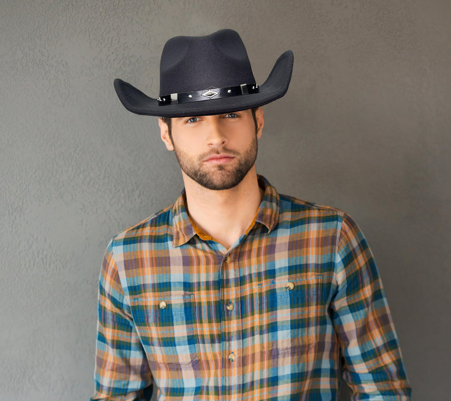 Lanzom Women Men Classic Felt Wide Brim Western Cowboy Cowgirl Hat with Belt Buckle(Medium-Large,Black)