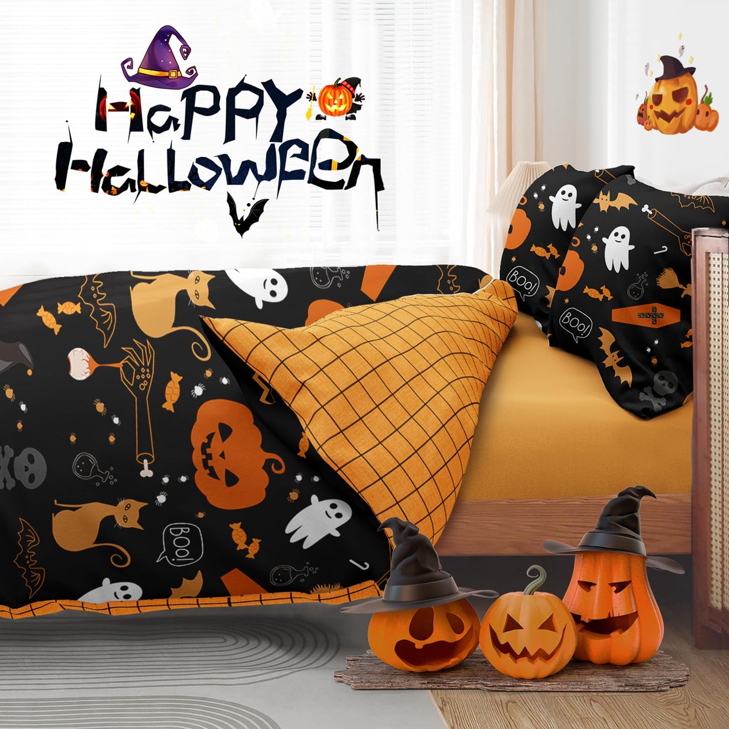 WONGS BEDDING Halloween Duvet Cover Set Queen Size,Black Bedding Set with Halloween Theme Pumpkin Witch Ghost Skull Black Cat Bat Patterns Duvet Cover for Halloween 90"x90"(Not Comforter)
