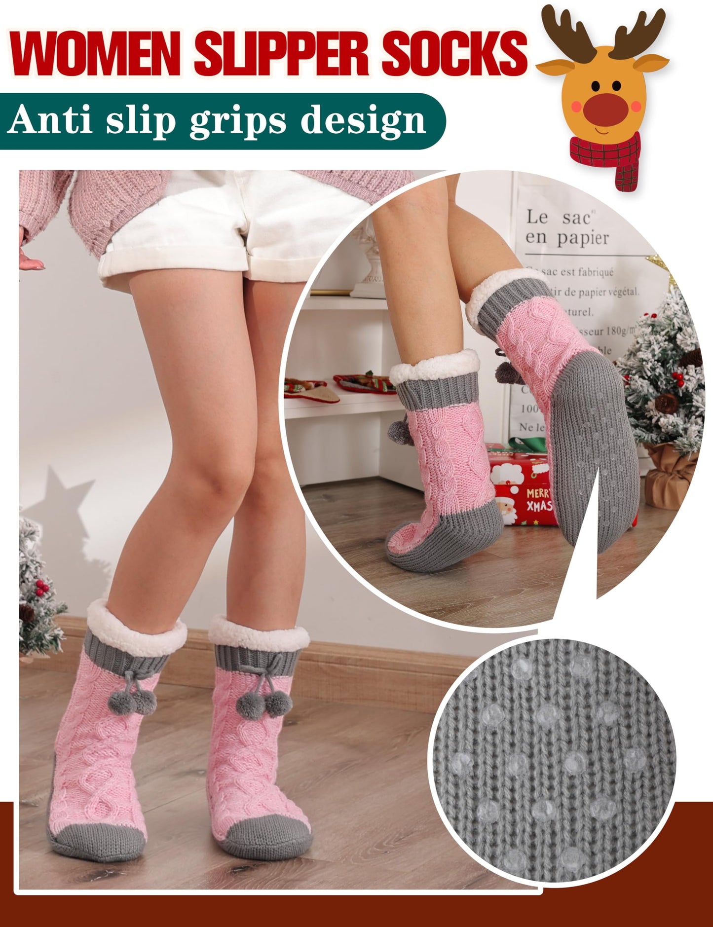 Womens Slipper Fuzzy Socks Fluffy Winter Thermal Warm Thick Cozy Plush Non Slip Grips Christmas Socks Stocking Stuffers for Women White Elephant Valentines Mothers Day Gifts for Mom(Grey Pink)