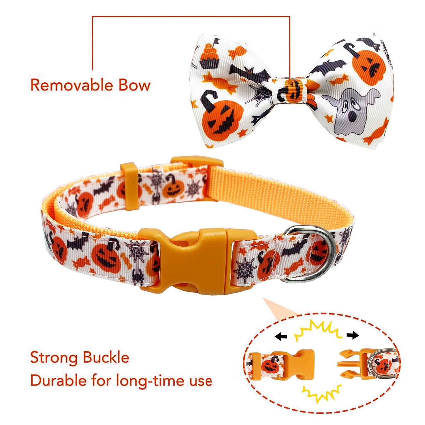 2 Pack Halloween Dog Collar with Bowtie, Holiday Jack-O-Lantern and Pumpkin Collar for Small Medium Large Dogs Pets Puppies (Large)