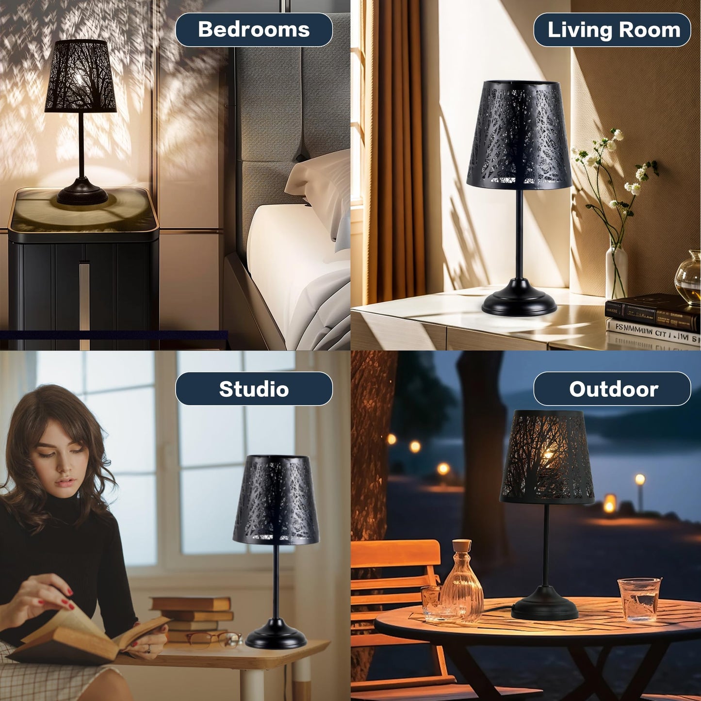 ZQQLITE Touch Control Table Lamp, Led Lights Mini Lamps with Pattern of Trees for Nightstand,dimmable 3-Levels Brightness, Lamp for Bedroom, Bedside, Desk Lamps for Home, Living Room, Office (Black)