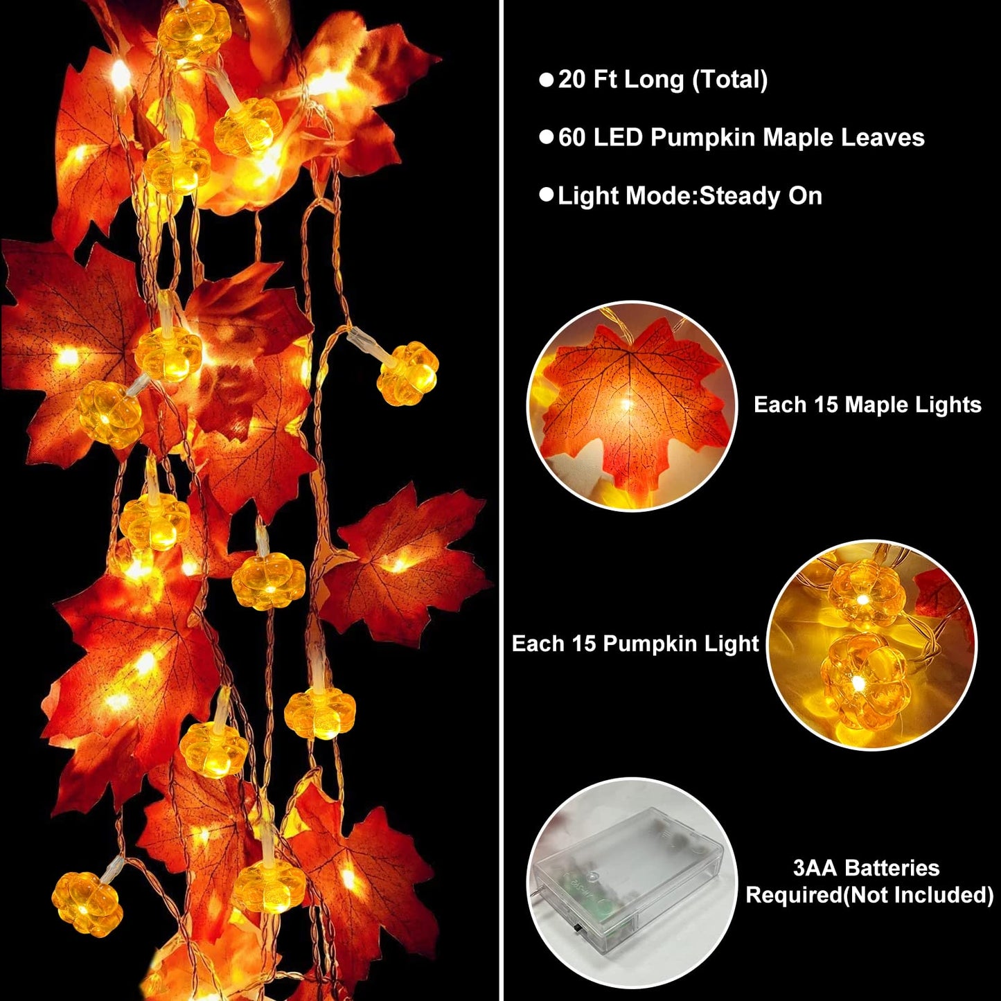 2 Pack & Timer - Fall Garland with Pumpkin Lights Halloween Fall Decor for Home 60LED 20Ft Enlarged Maples Leaves Halloween Garland Lights Indoor Battery Operated Thanksgiving Decor Wedding Christmas