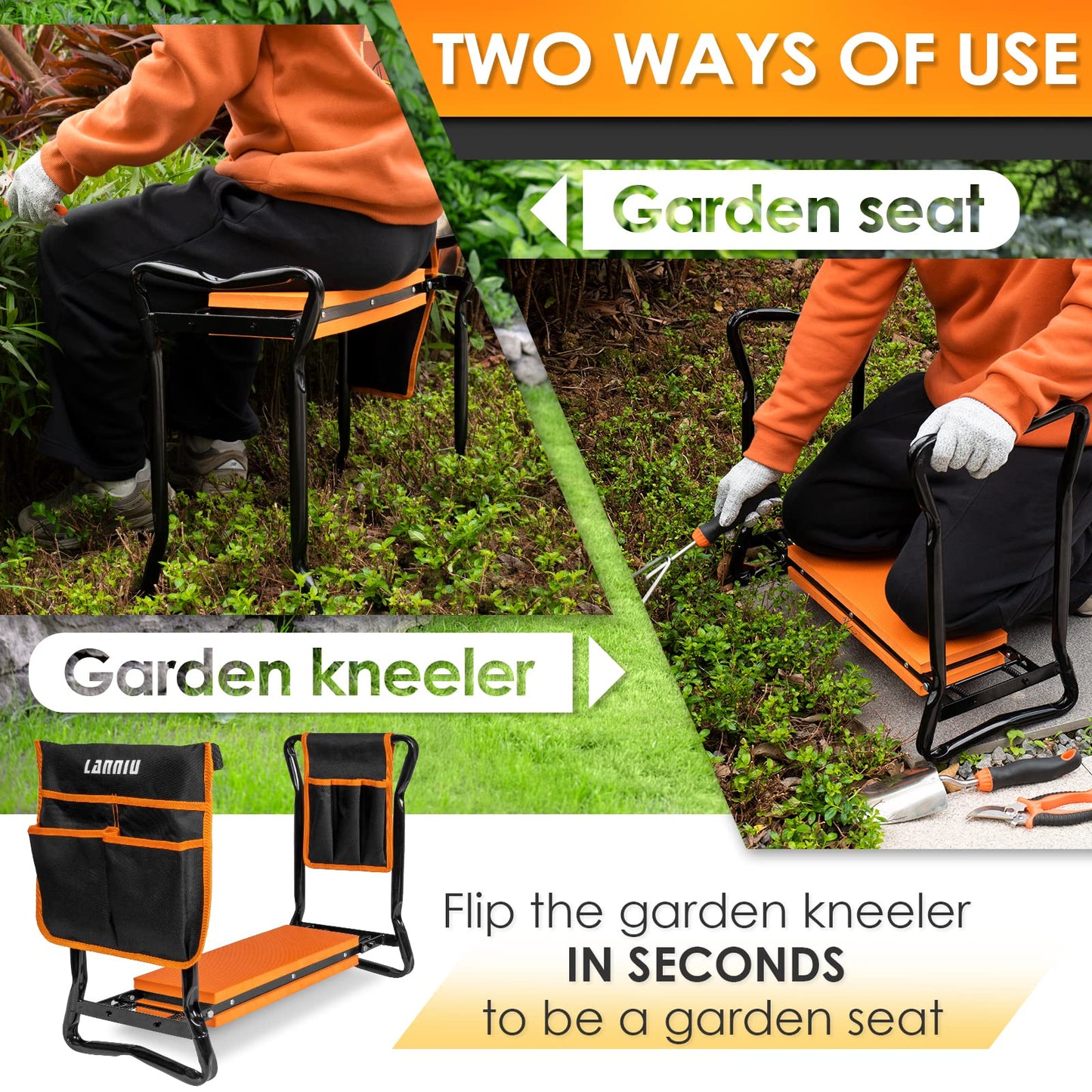 LANNIU Garden Kneeler and Seat, Foldable Garden Stool, Heavy Duty Garden Chair for Kneeling and Sitting, Gardening Gifts for Women, Grandparents, Seniors, Mom & Dad