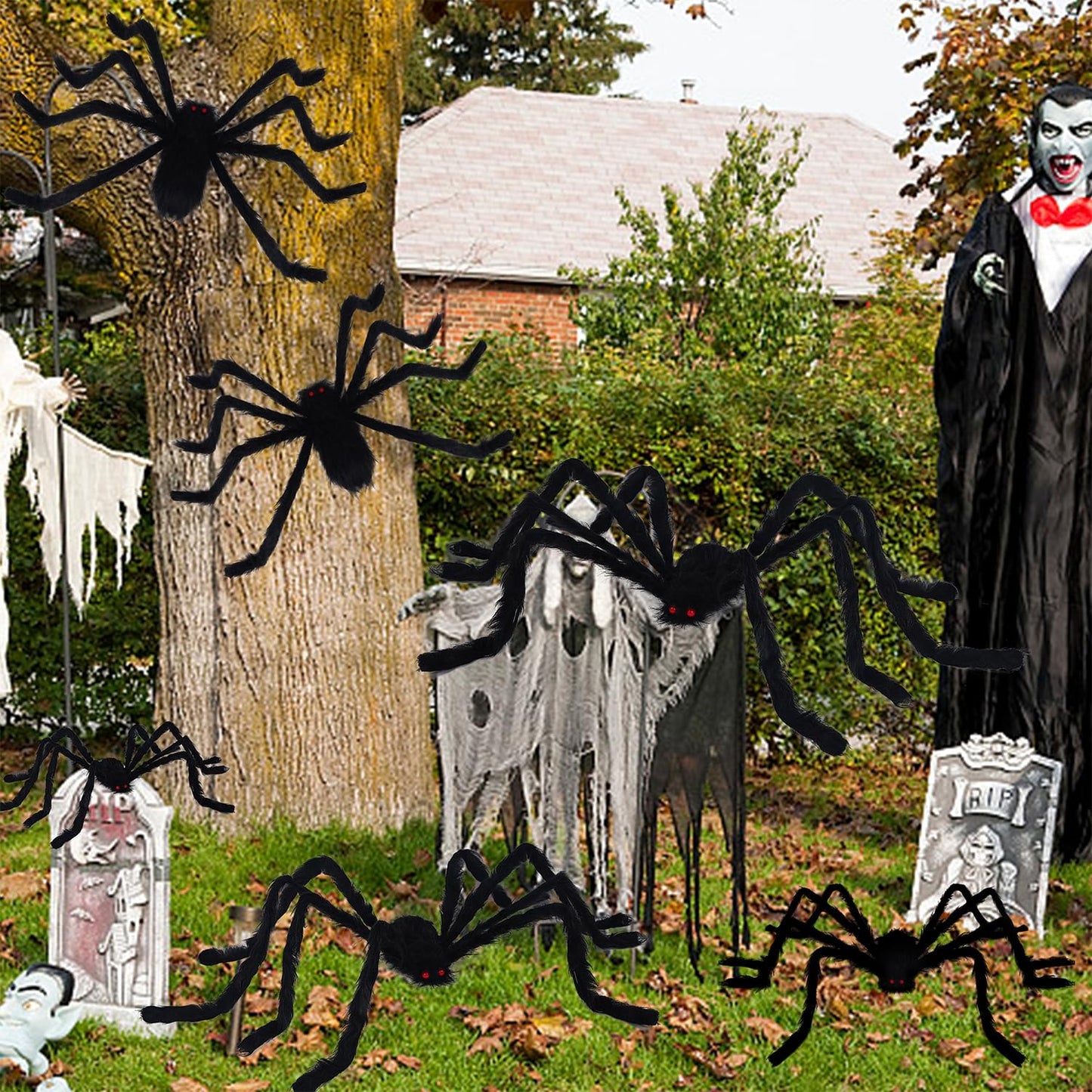 yosager Outdoor Halloween Decorations 6Pcs Realistic Giant Spiders, Huge Hairy Scary Halloween Spider Prop, Black Spooky Spider for House Window Yard Garden Patio Decor (12" 24" 24" 36" 36" 60")