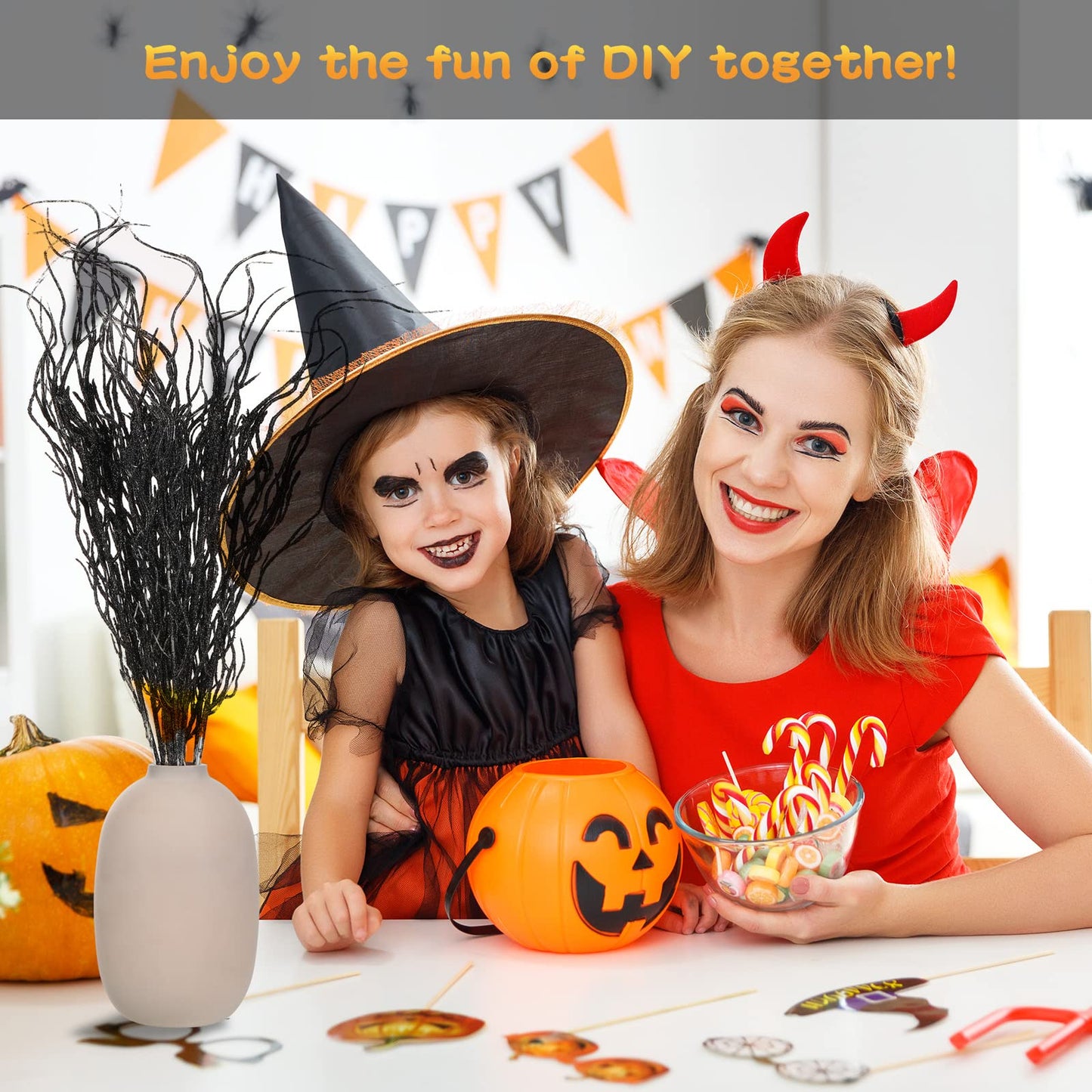 Yunsailing 16 Pcs Halloween Branches Decor for Tree 18 Inch Artificial Curly Willow Branch Lifelike Twigs and Faux Branches for Vases Fake Tree Stem for Home Party Decoration (Black)