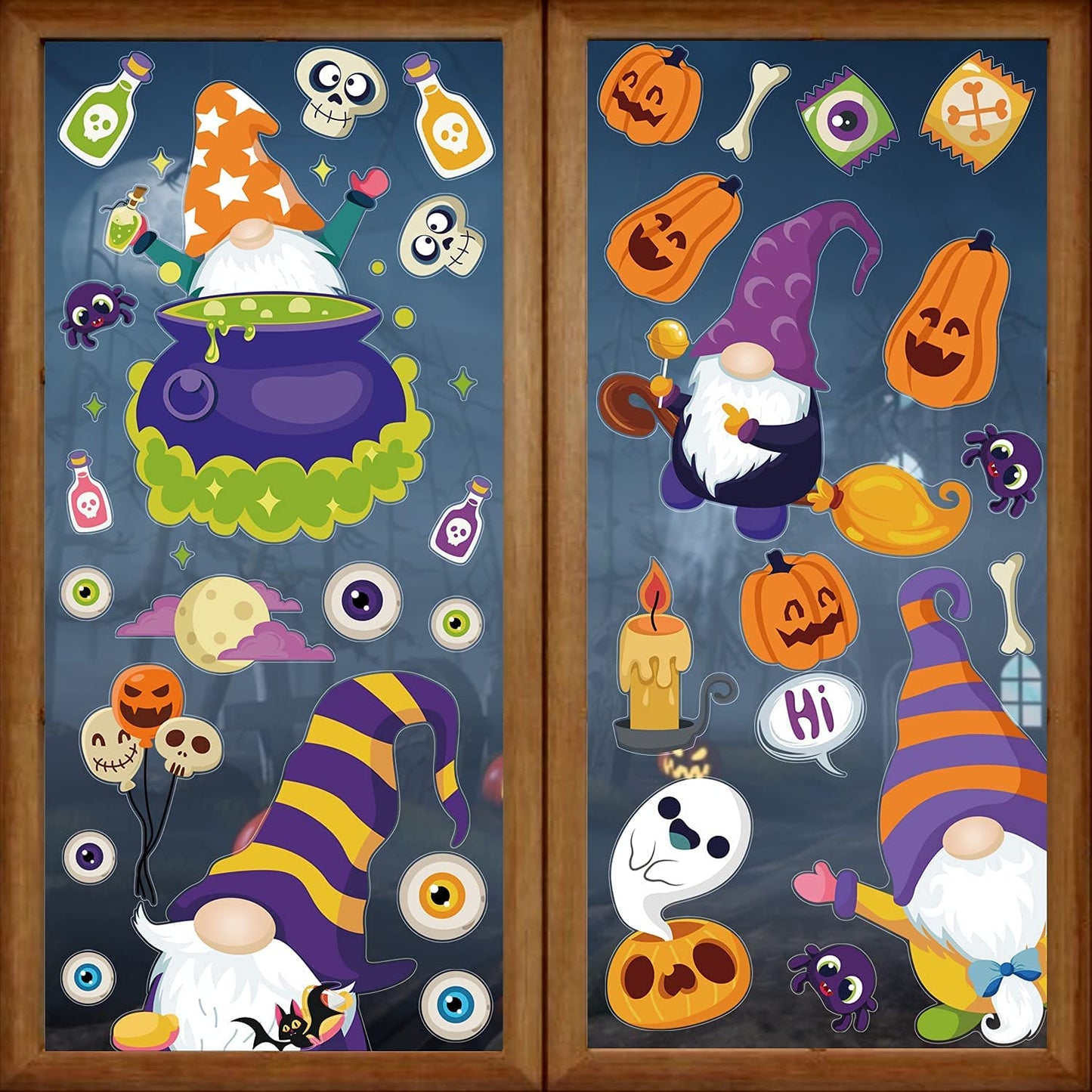 LOKIPA Halloween Gnome Window Clings Decals Decorations, 8 Sheets Window Stickers for Halloween Windows Glass Decorations