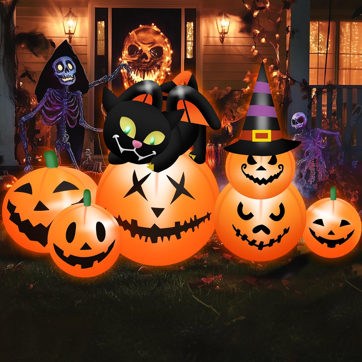 5.8 FT Long Halloween Inflatables Pumpkin Outdoor Decorations Blow Up Inflatables Pumpkin Patch with Black Cat & Witch Hat Build-in LEDs Outdoor Blow Up Yard Decorations for Holiday Party Lawn Garden