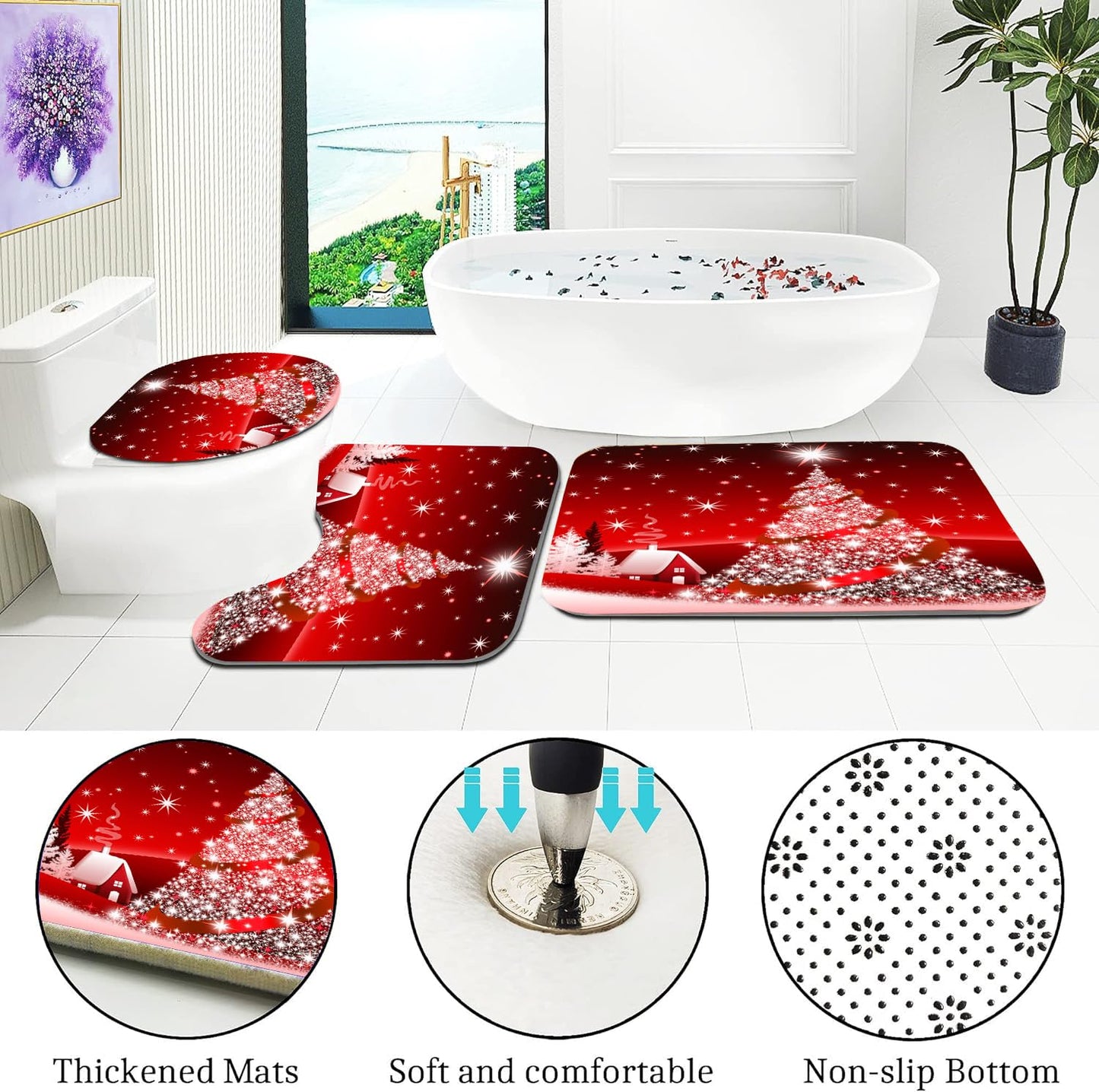 Yddsky 4PCS Red Christmas Tree Shower Curtain Sets, Christmas Village Printed Shower Curtain Sets with Rugs, Toilet Lid Cover and Bath Mat for Bathroom Set Decor Christmas Bathroom Decor Theme