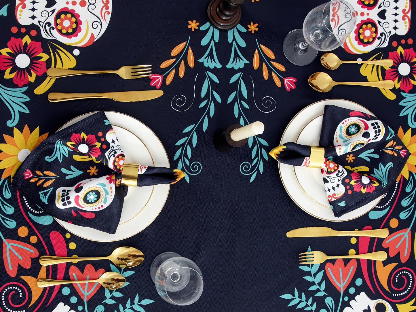 YiHomer Day of The Dead Halloween Tabletop - Dia De Los Muertos Floral Skeleton Mask, Cinco De Mayo Mexican Fiesta Party Home Kitchen Dining Room Decor, Sugar Skull, Napkin Set, 20 x 20